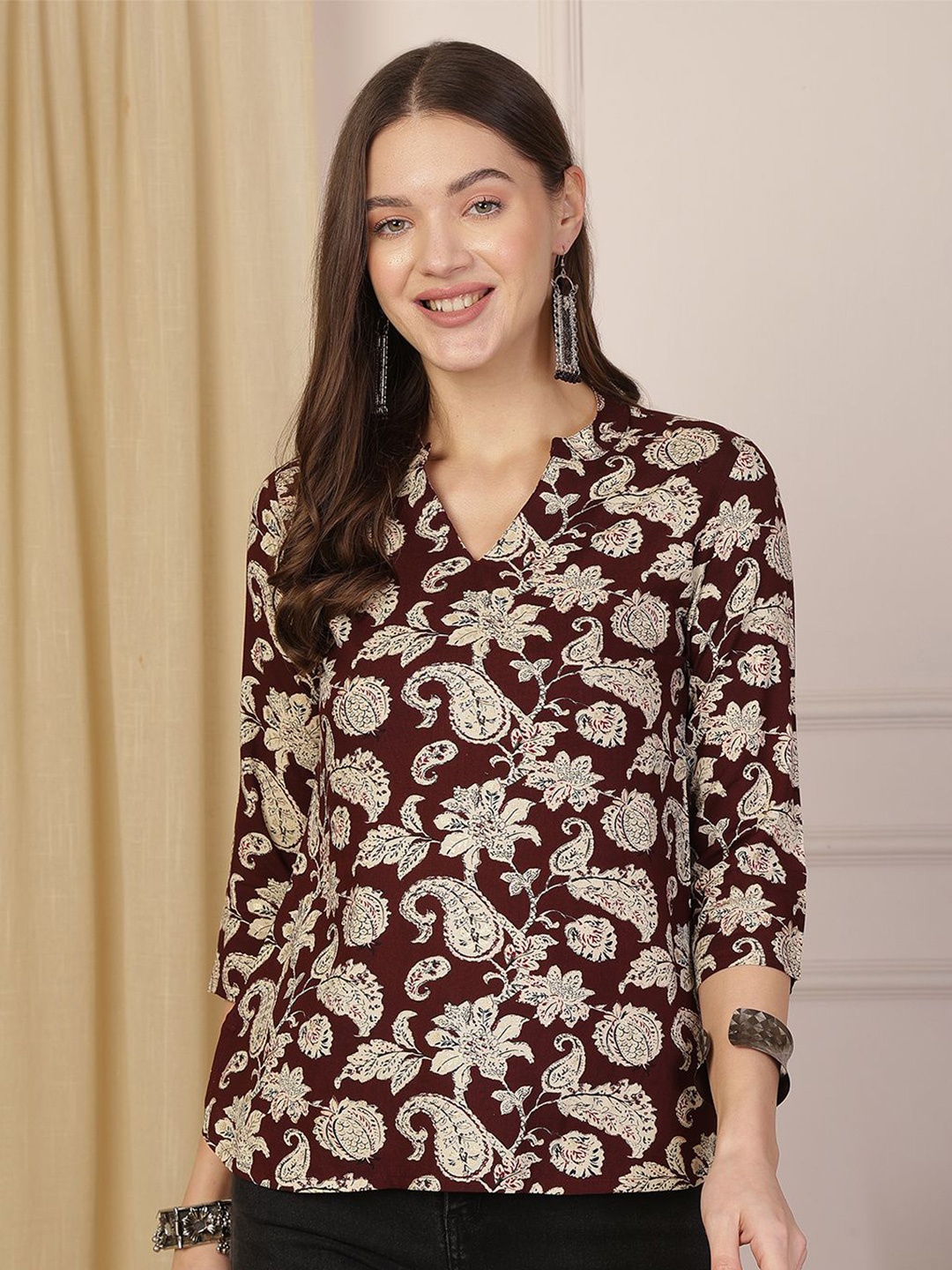 

Anouk Rustic Floral Print Mandarin Collar Top, Burgundy