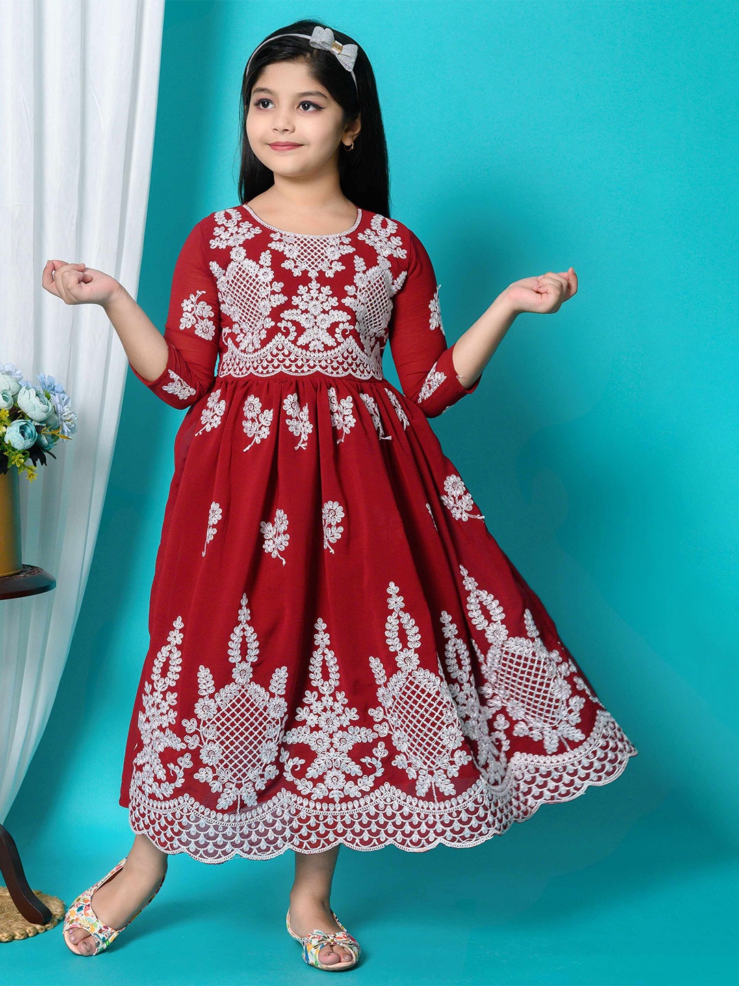 

BARKAT DESIGNING PLANET Girls Floral Embroidered Chiffon Fit and Flare Dress, Maroon
