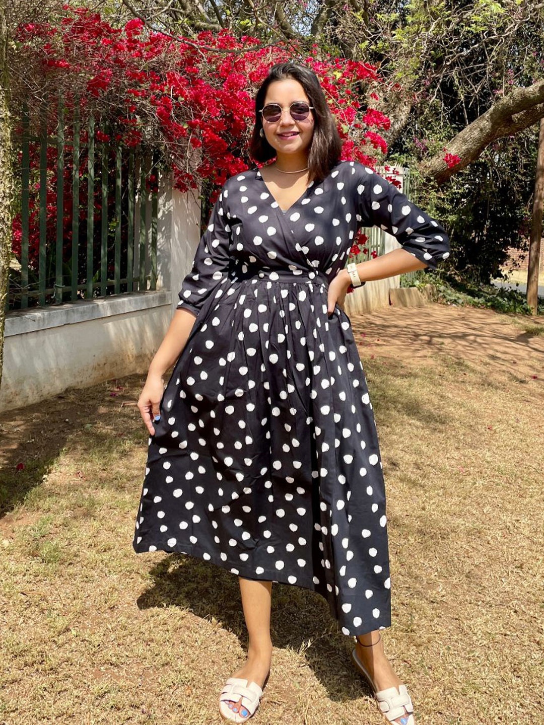 

Label Tanvee Women Polka Dot Printed Cotton Fit and Flare Midi Dress, Black