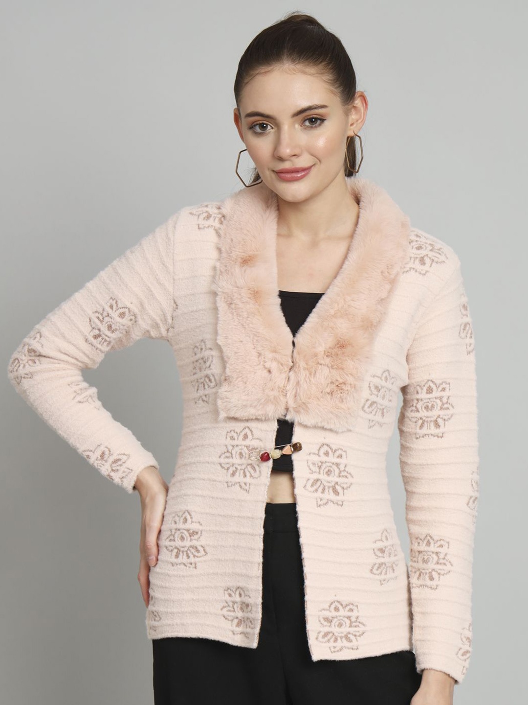 

Chemistry Self Design Woollen Open Front Shrug, Peach