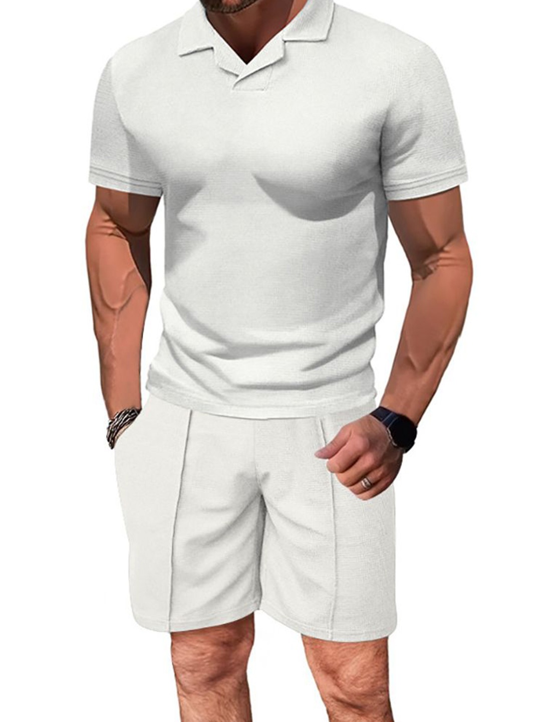 

StyleCast x Revolte Notched Lapel Collar T-Shirt With Shorts, White