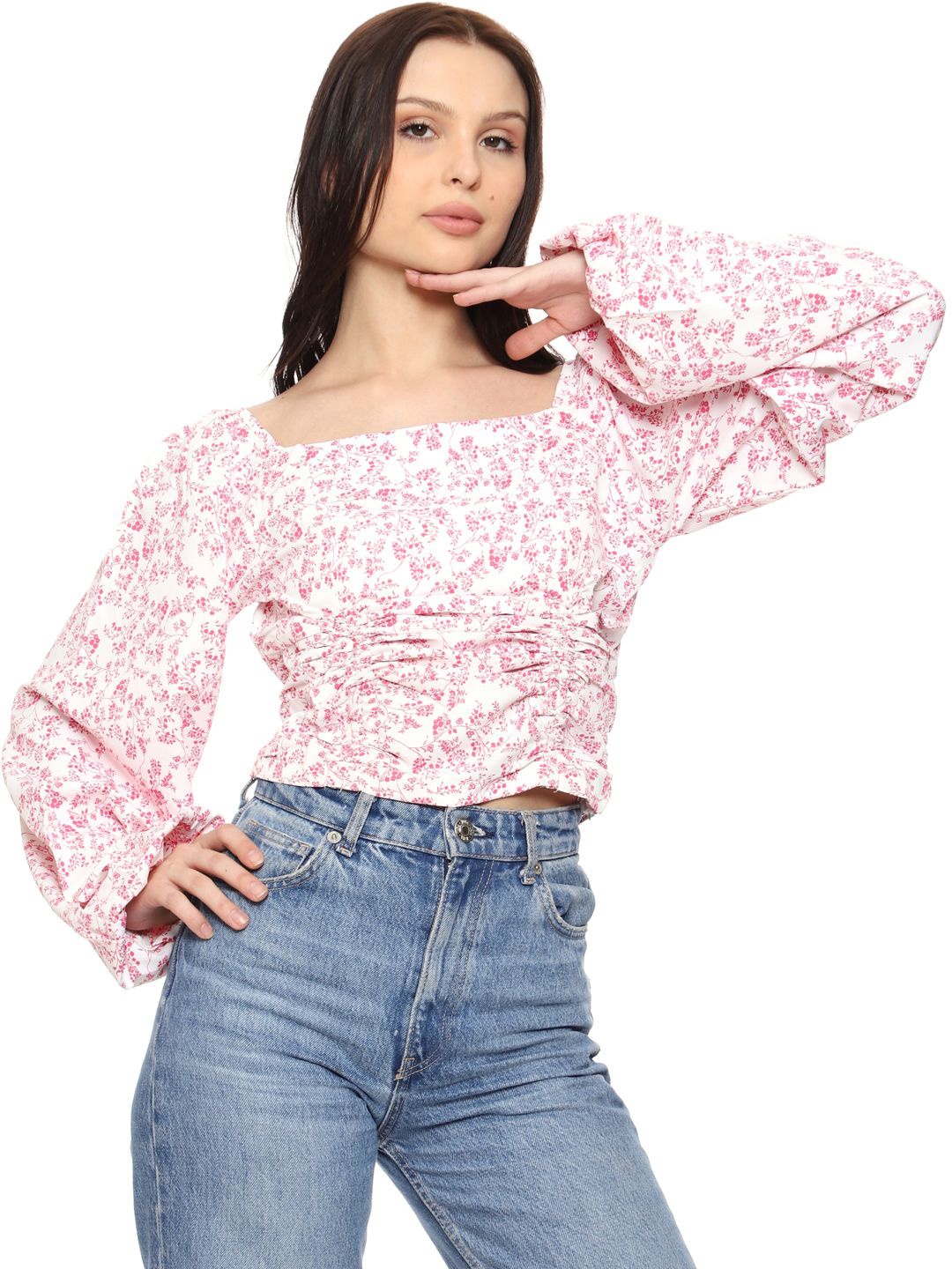 

SXV STYLE Women Floral Printed Puff Sleeve Georgette Top, White