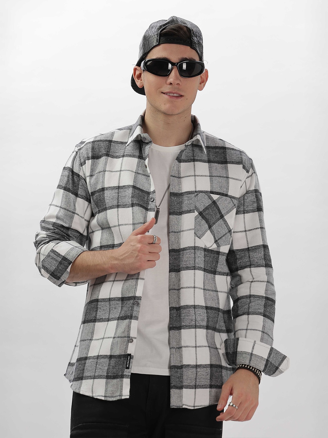 

BUMCHIQ Men Comfort Oversized Fit Spread Collar Tartan Checked Cotton Casual Shirt, Grey