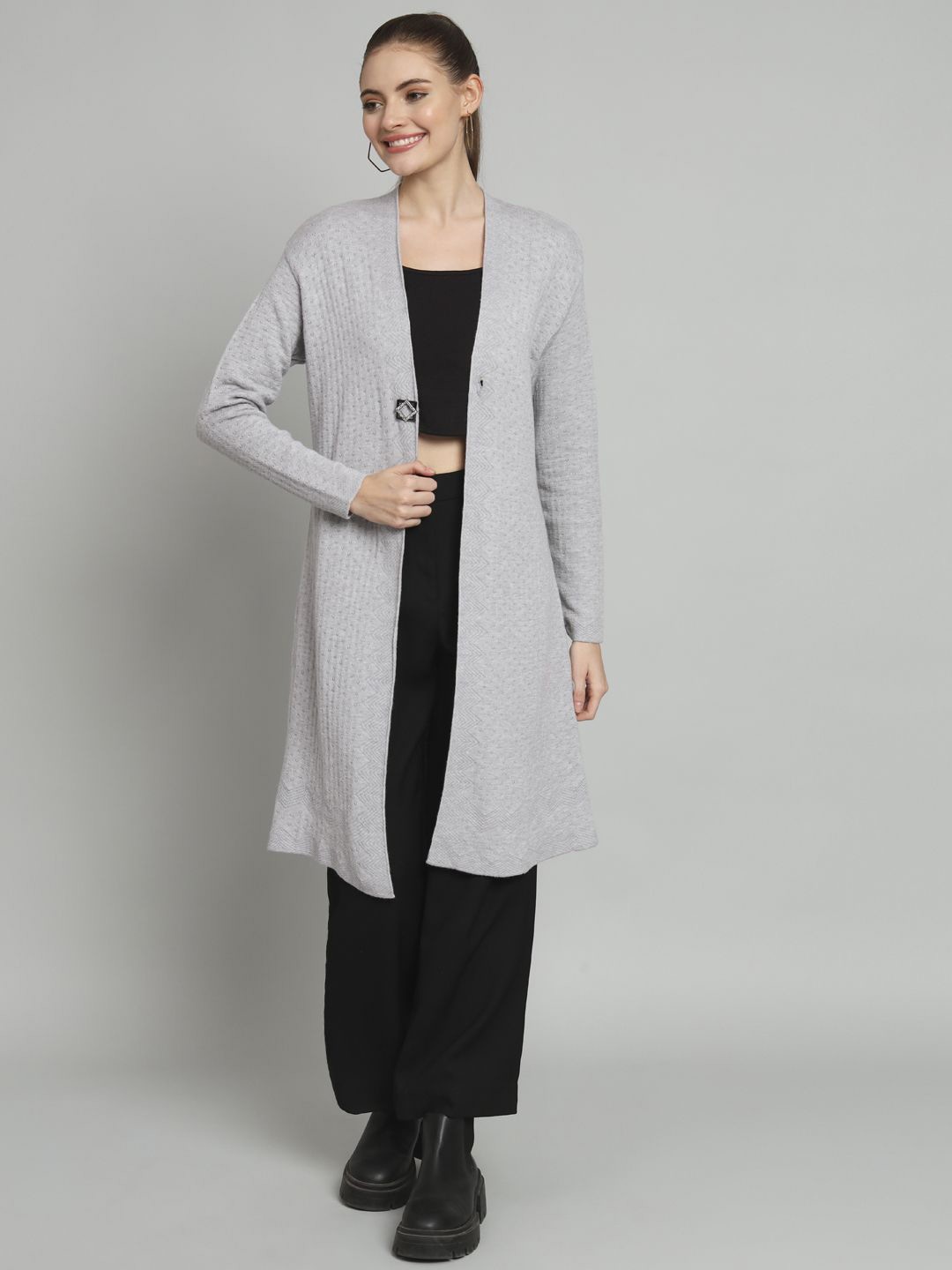 

Chemistry Self Design Woollen Longline Open Front Shrug, Grey