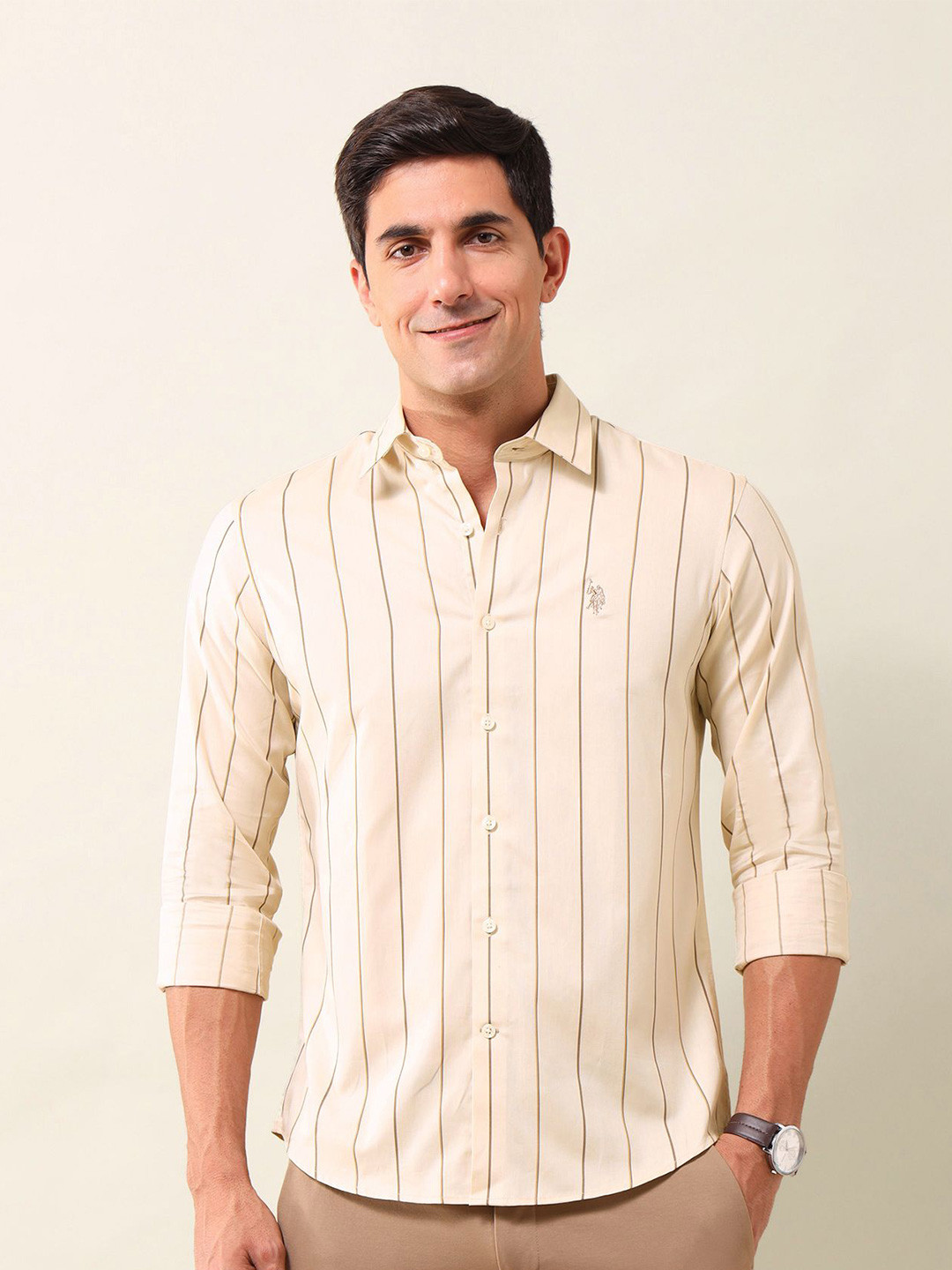 

U.S. Polo Assn. Men Tailored Fit Opaque Striped Casual Shirt, Beige