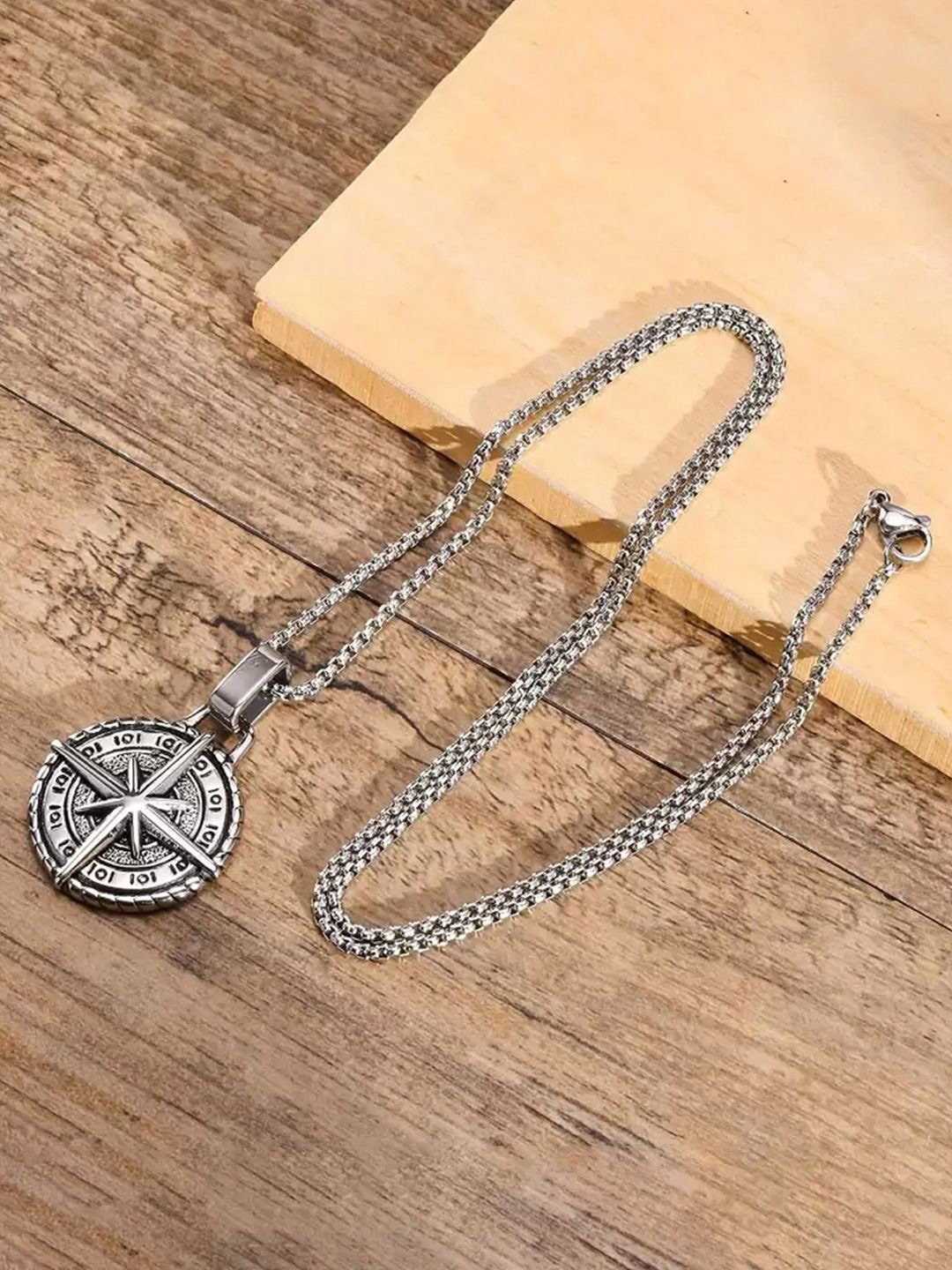 

Peora Men Silver-Plated Stainless Steel Circular Pendant With Chain