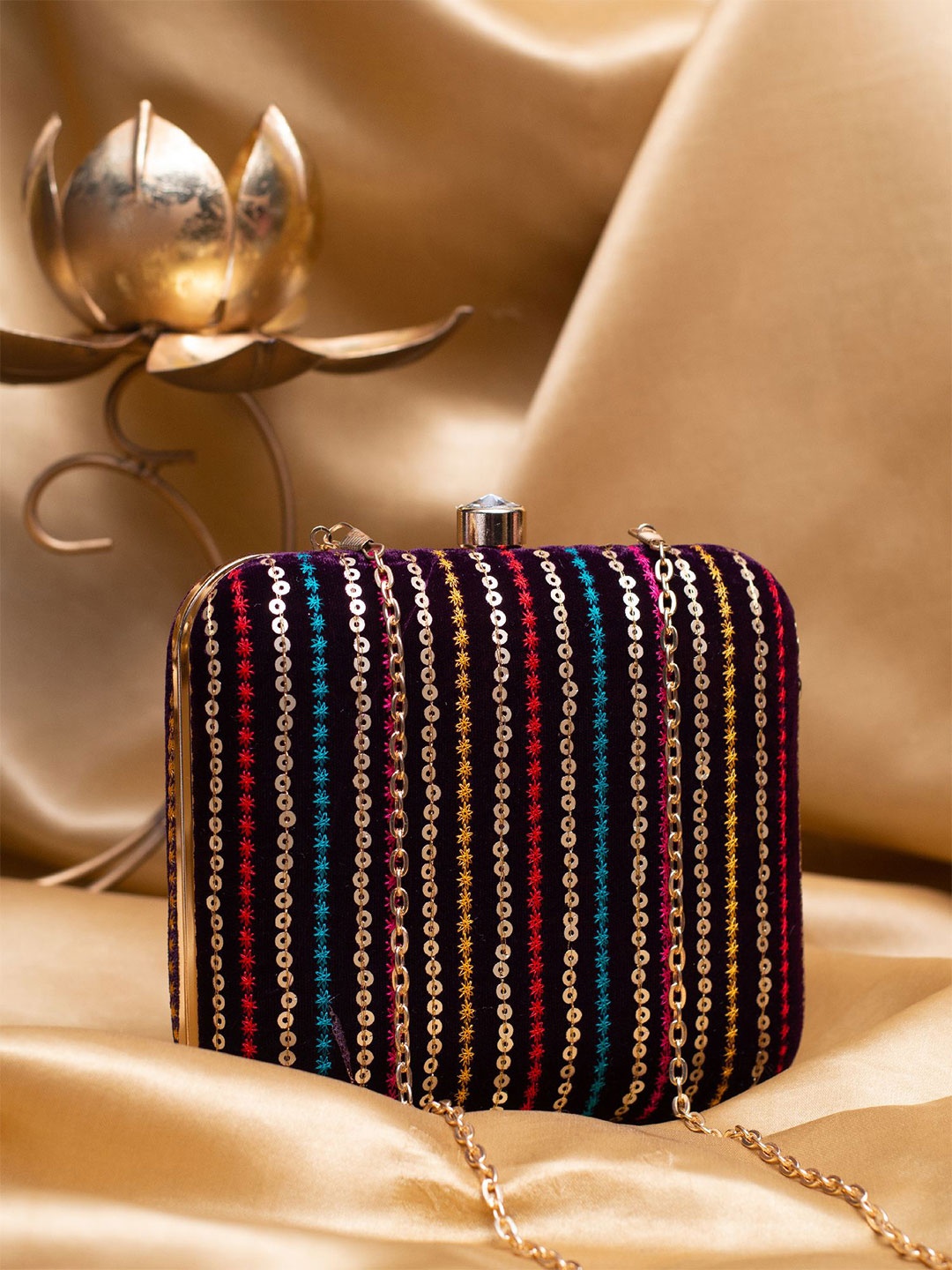 

ARTKLIM Embroidered Sequins Embellished Box Clutch with Sling Chain, Purple