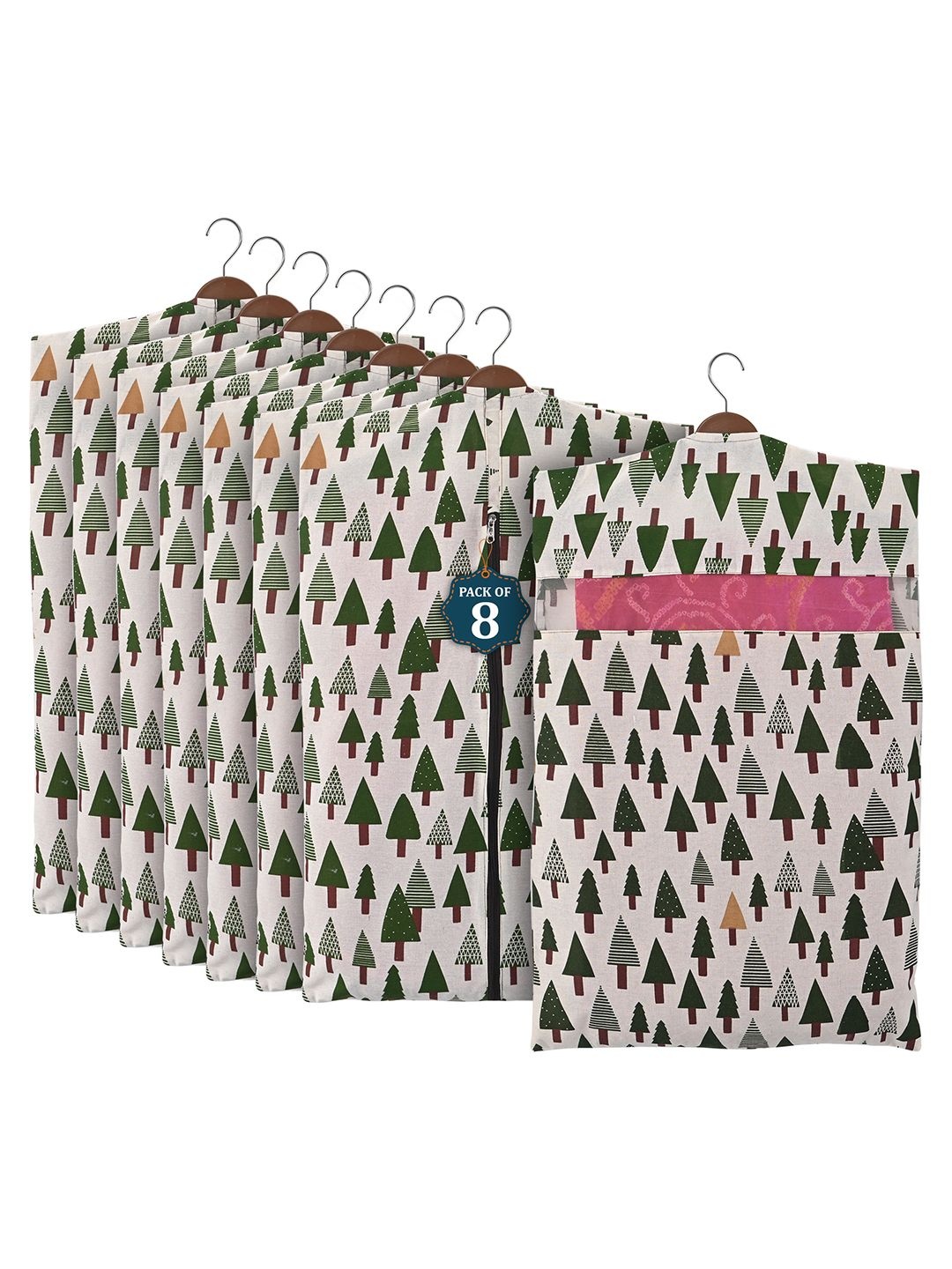 

Kuber Industries Green Set of 8 Cotton Hanging Saree Cover Multi-Utility Organisers