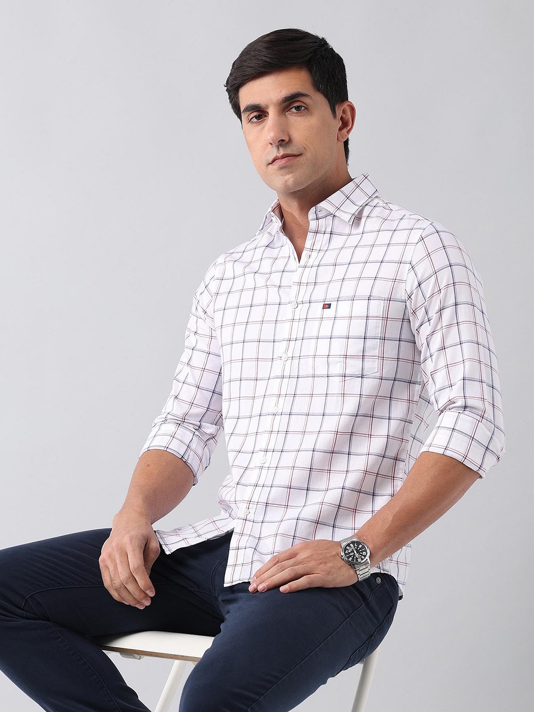 

AD By Arvind Men Slim Fit Spread Collar Gingham Checked Cotton Casual Shirt, White