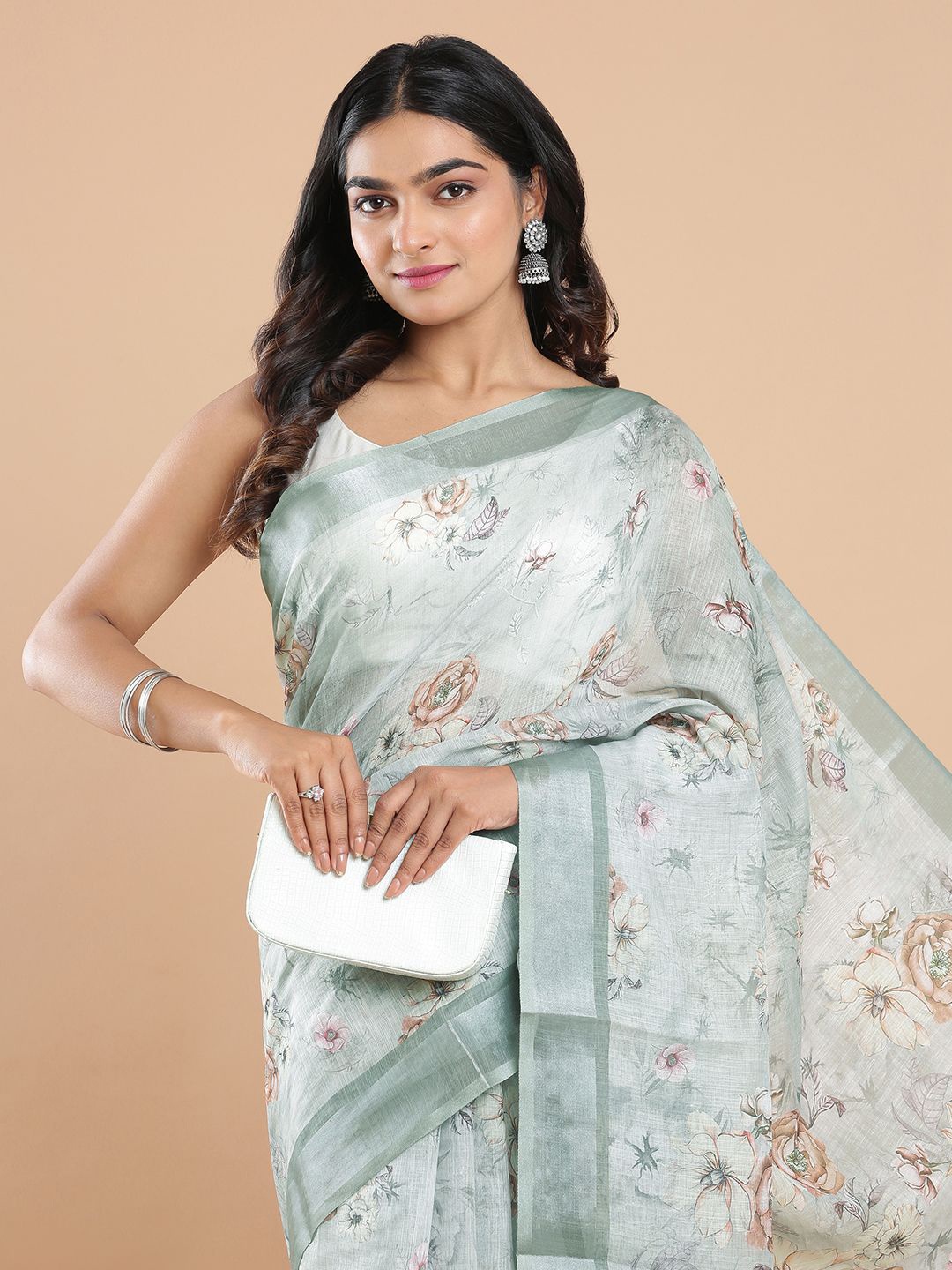 

Kalyan Silks Floral Linen Blend Saree, Olive