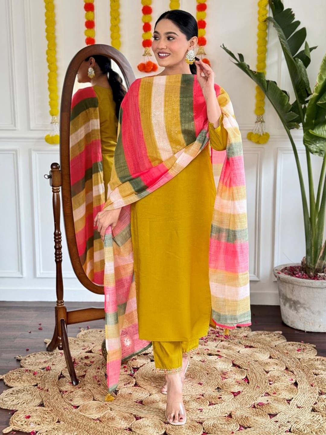 

SHREE KHODAL FASHION Women Embroidered Kurta & Trousers with Dupatta, Mustard