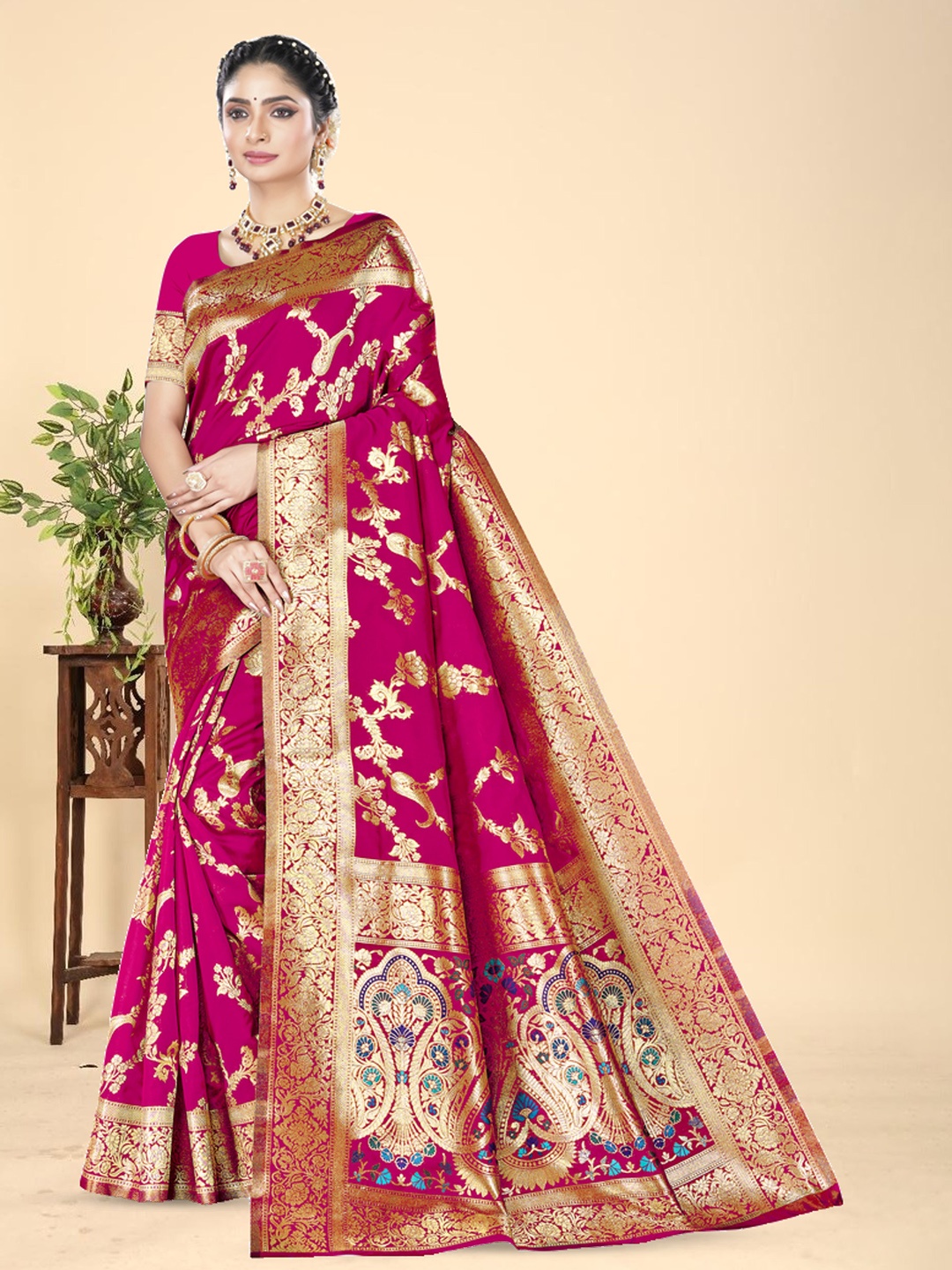 

GARIYA Ethnic Motifs Woven Design Zari Banarasi Saree, Pink