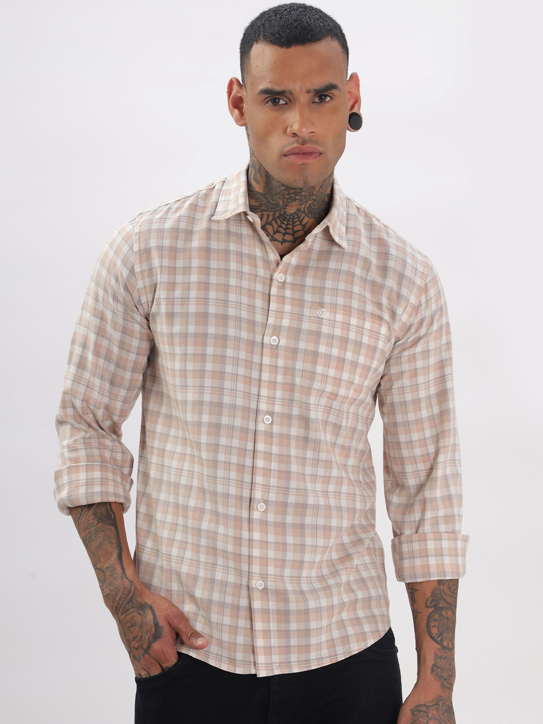 

BS BLUE SQUAD Men Slim Fit Opaque Checked Casual Shirt, Orange