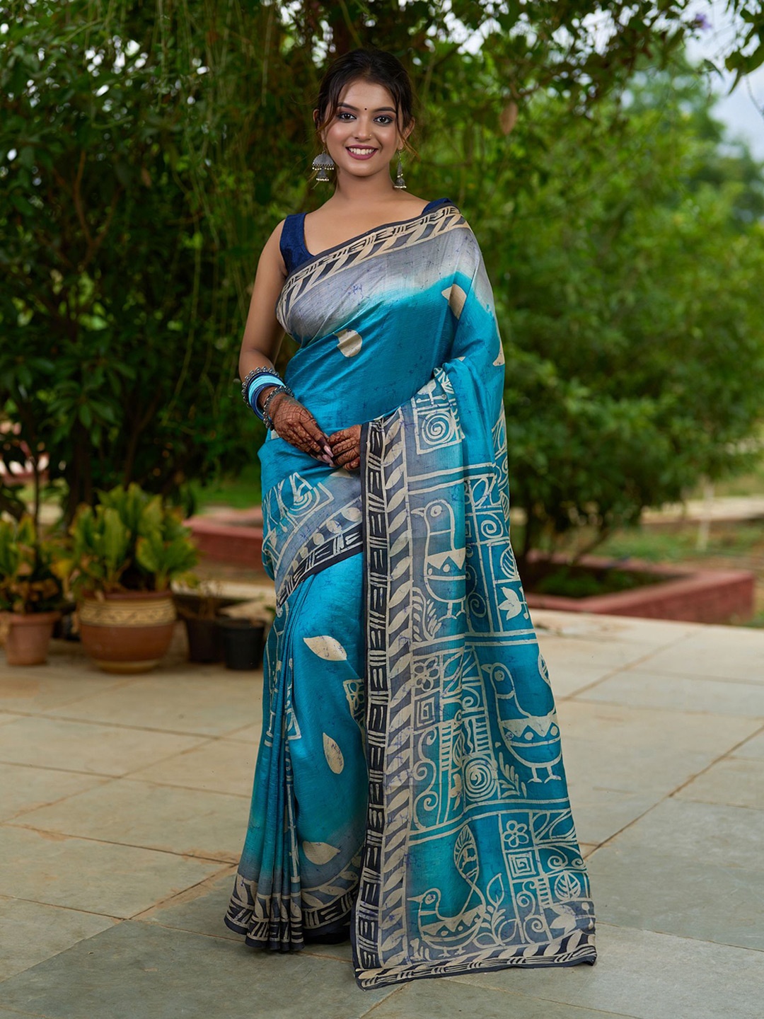 

Prasam Printed Murshidabad Pure silk Saree, Blue