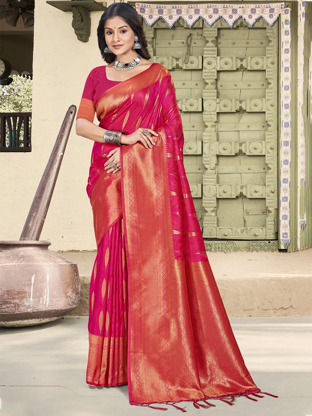 

SANGAM PRINTS Woven Design Zari Tussar Saree, Pink