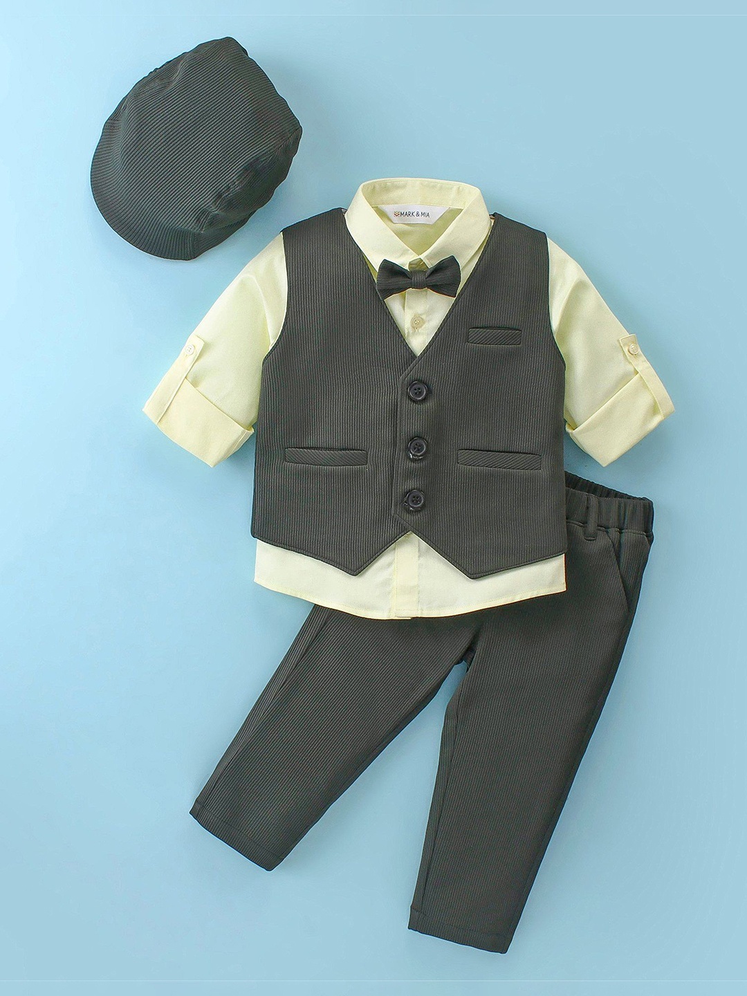 

Mark & Mia Boys Striped 3 Piece Suit Waistcoat With Shirt Trouser & Hat & Bow Tie, Olive