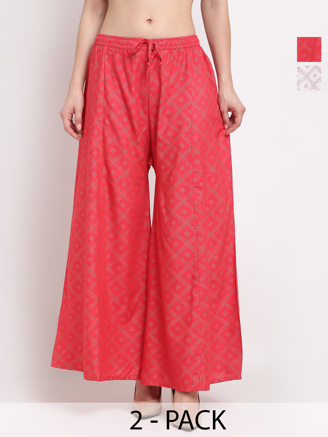 

GRACIT Women Pack Of 2 Printed Flared Knitted Palazzos, White