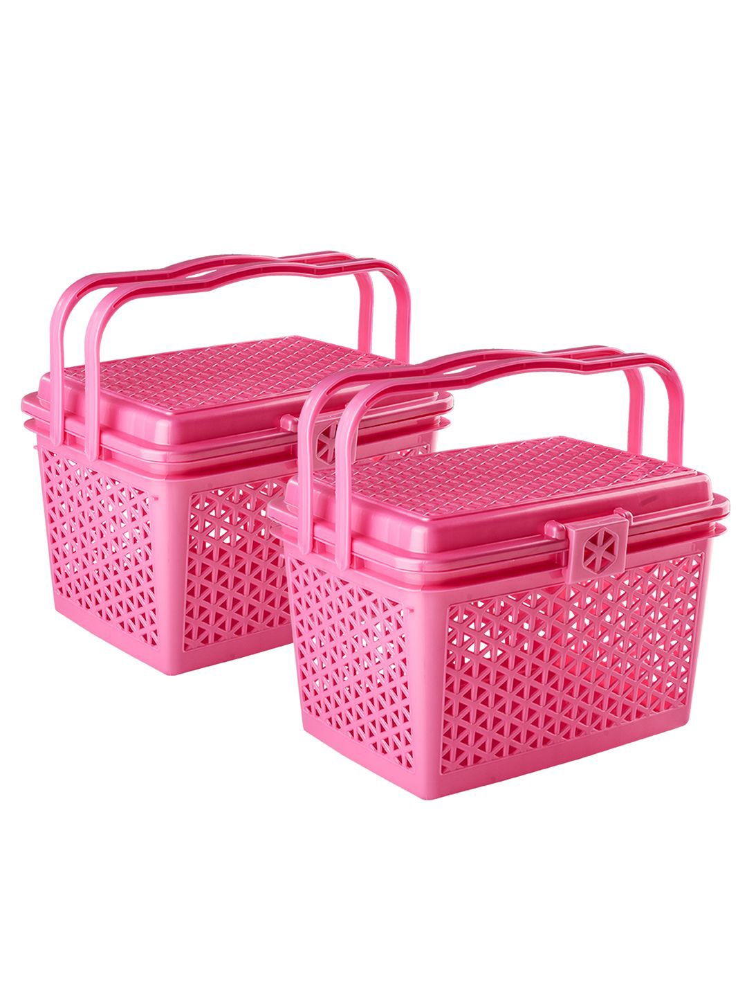 

Kuber Industries Pink 2 Pieces Checked Multipurpose Tote Basket with Lid & Handle