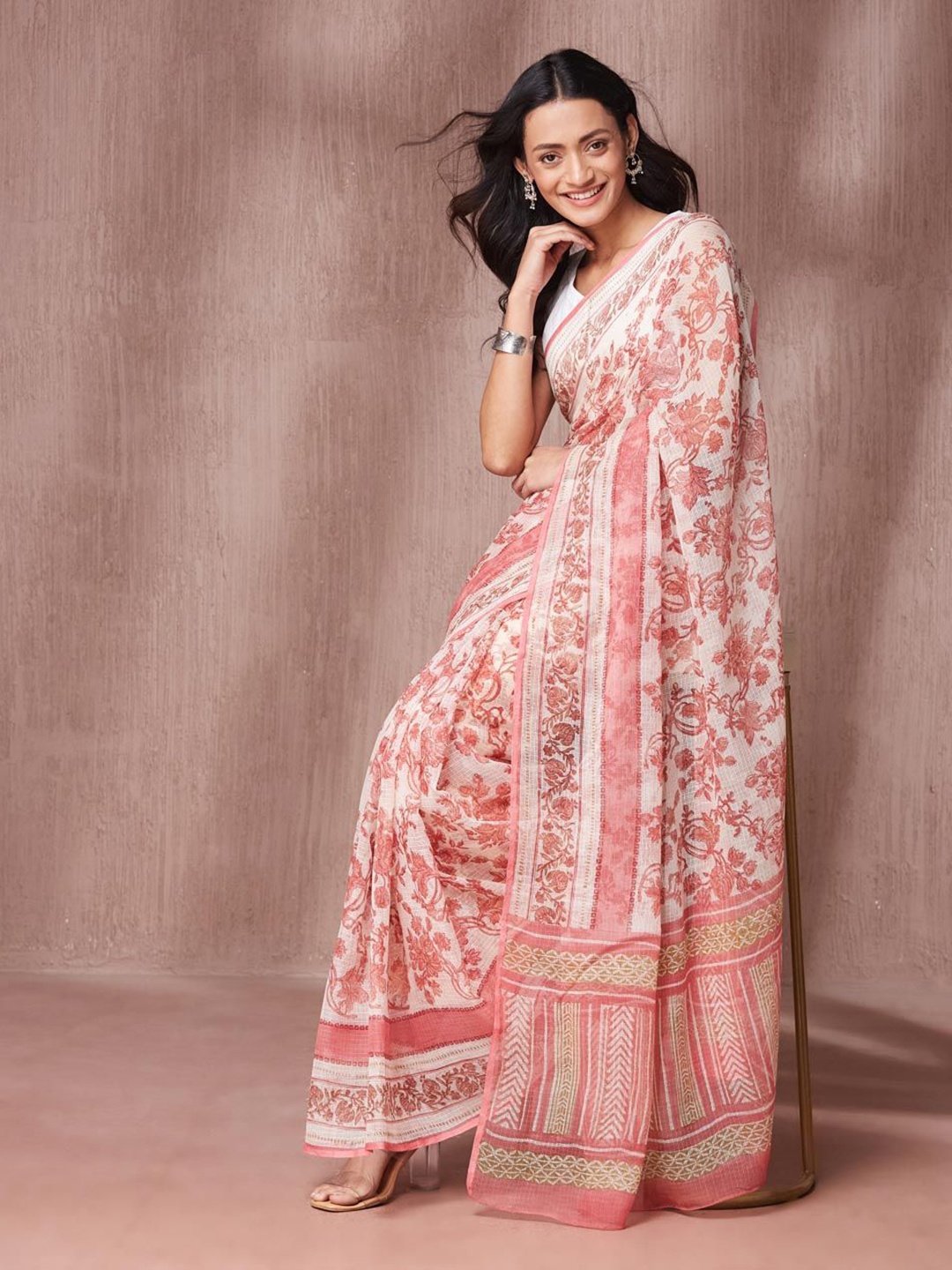 

Fabindia Ethnic Motifs Block Print Saree, White