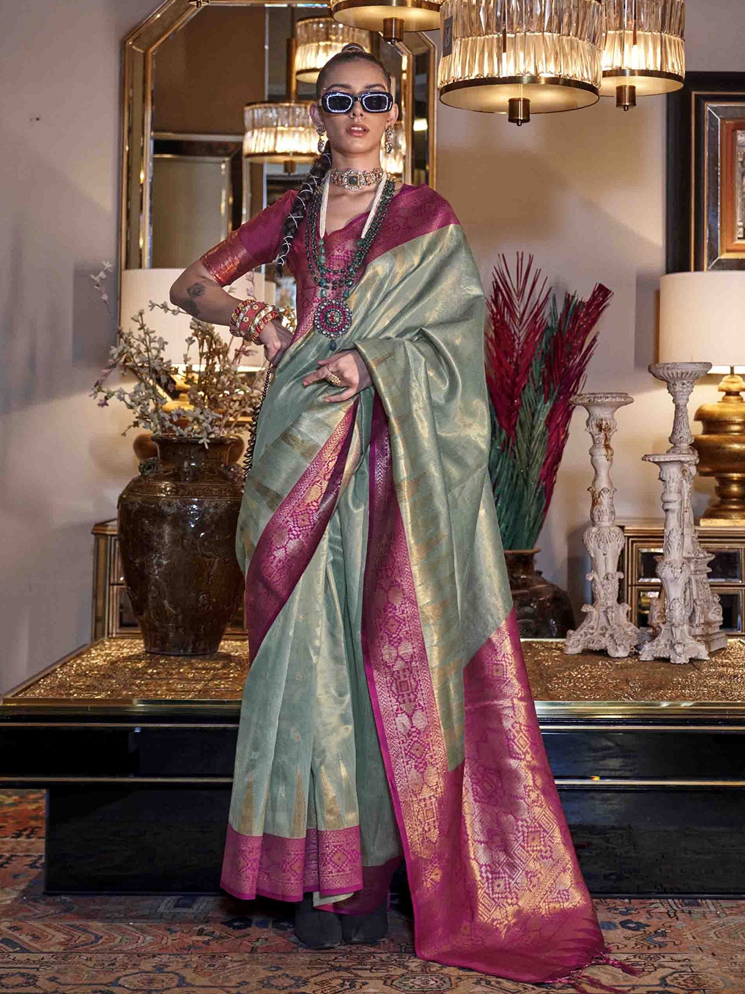 

Mitera Woven Design Zari Tissue Saree, Green