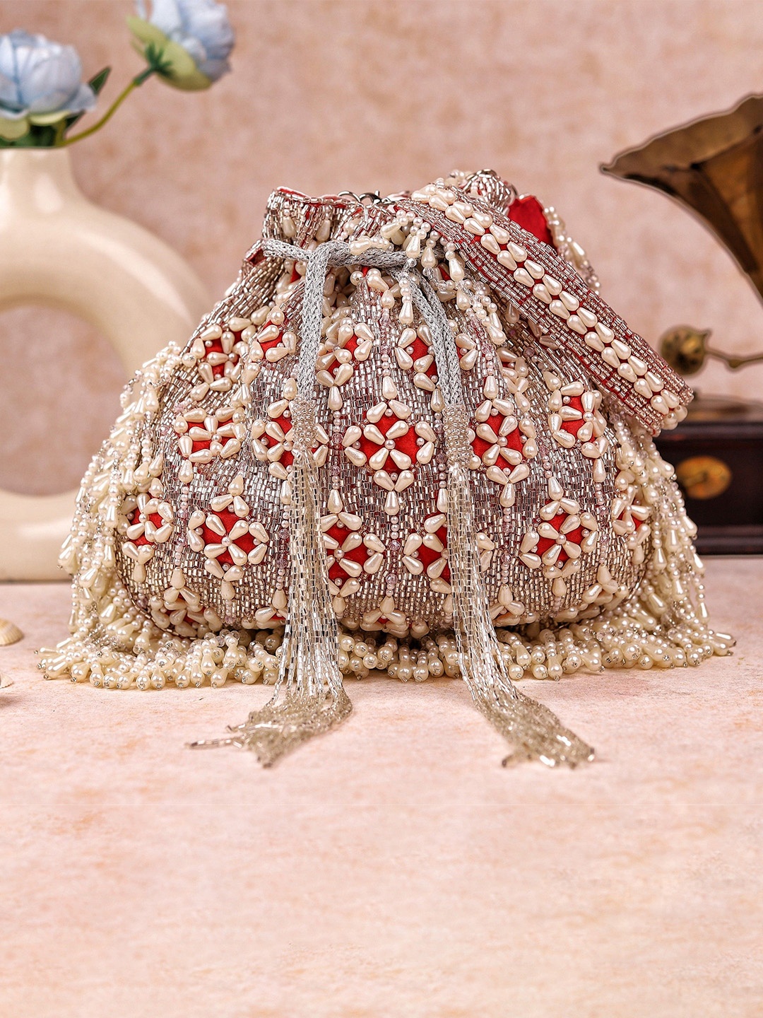 

sugarcrush Embroidered Potli Clutch, Red