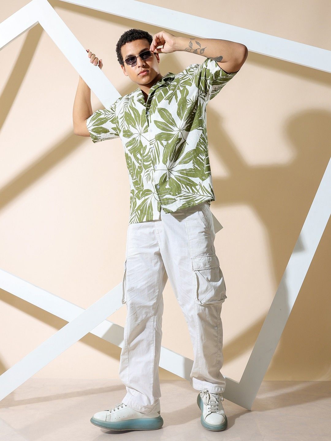 

HERE&NOW Men Cuban Collar Floral Printed Cotton Casual Shirt, White