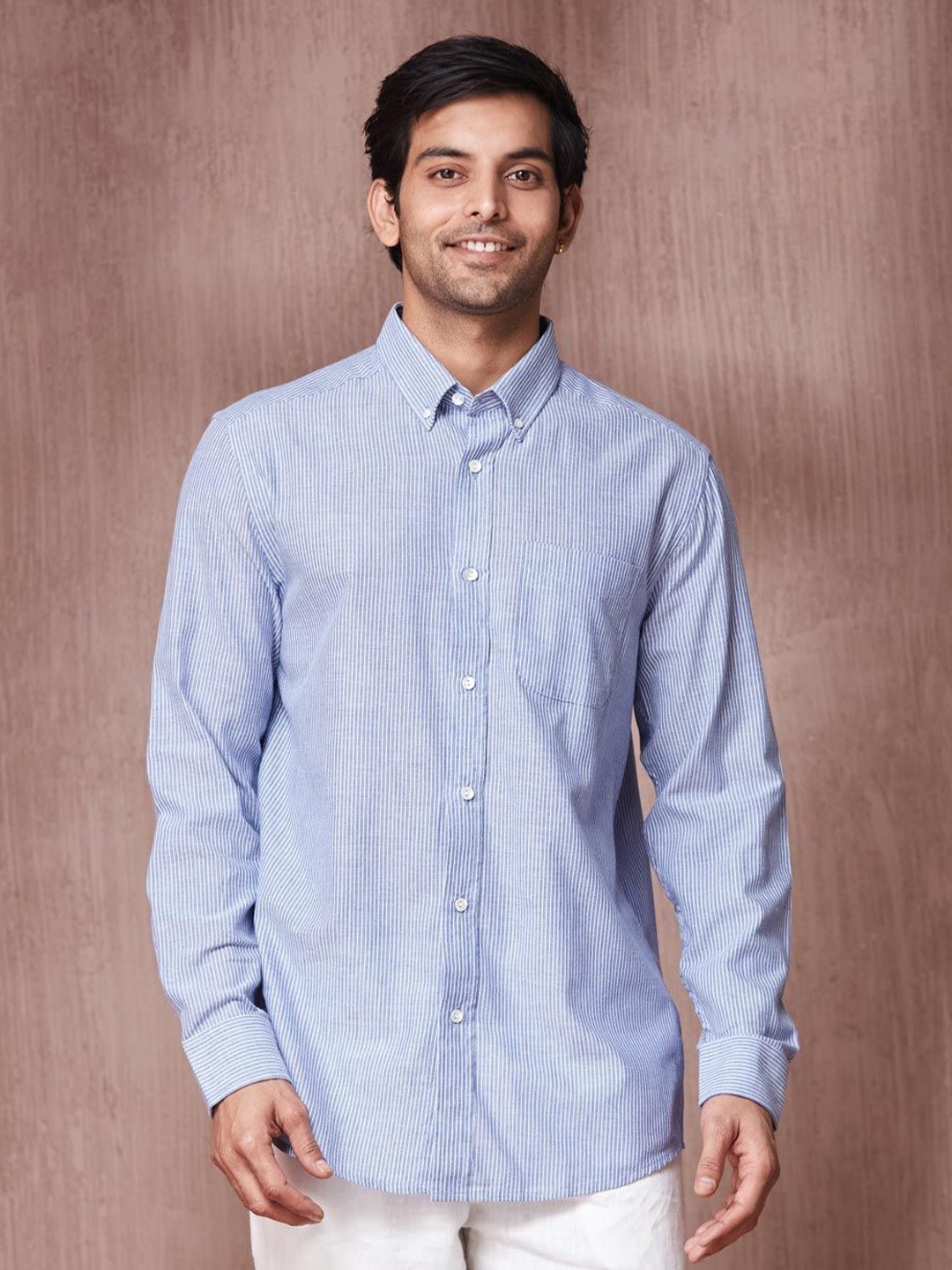 

Fabindia Men Relaxed Fit Button-Down Collar Vertical Striped Cotton Casual Shirt, Blue