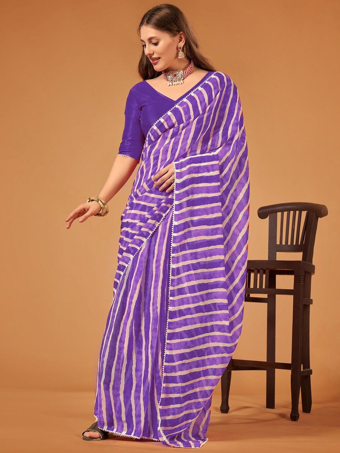 

PMD Fashion Leheriya Gotta Patti Pure Georgette Ready to Wear Leheriya Saree, Violet