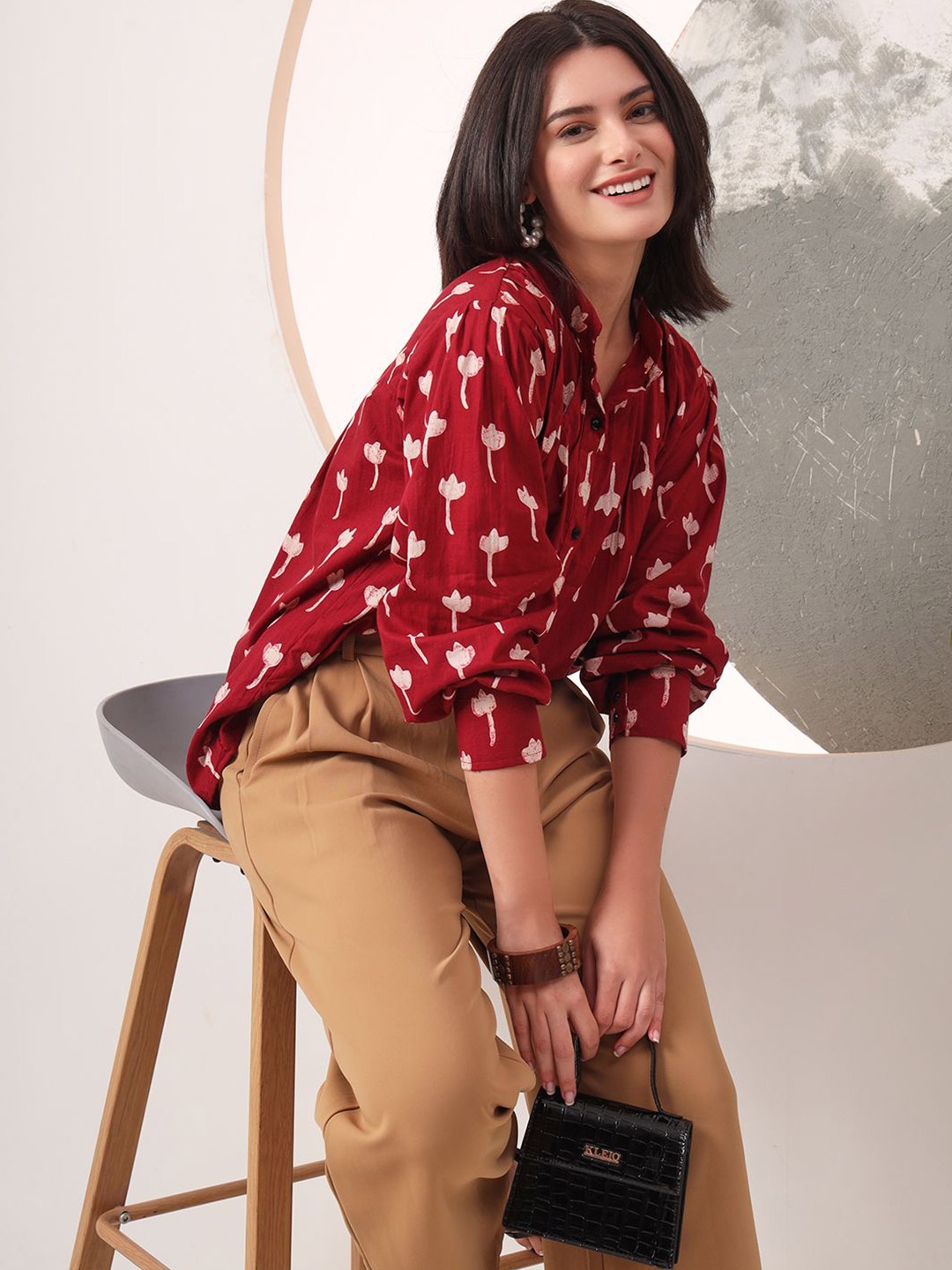 

KALINI Women Floral Print Mandarin Collar Puff Sleeve Cotton Top, Maroon