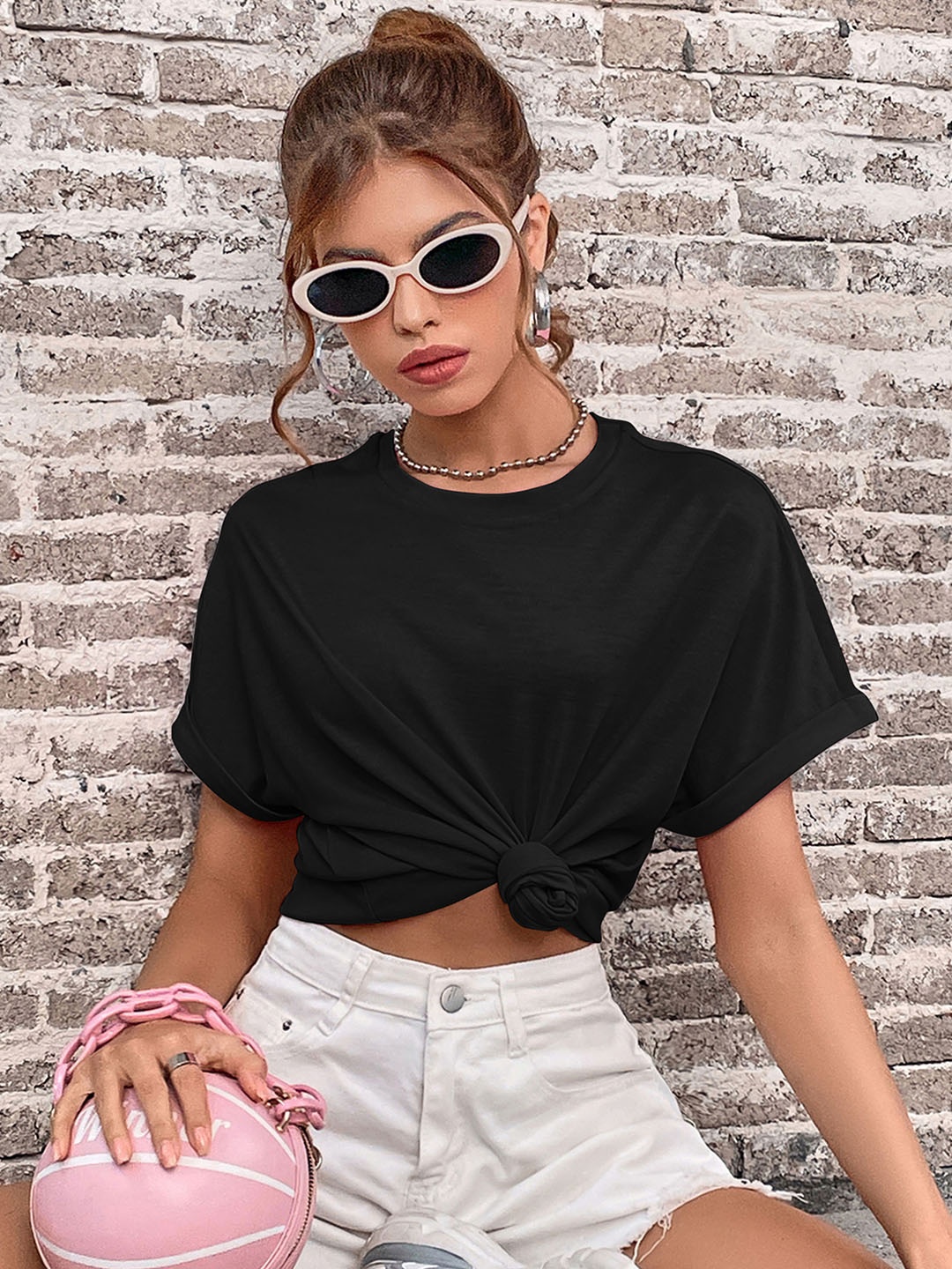 

DressBerry Drop-Shoulder Sleeves T-shirt, Black