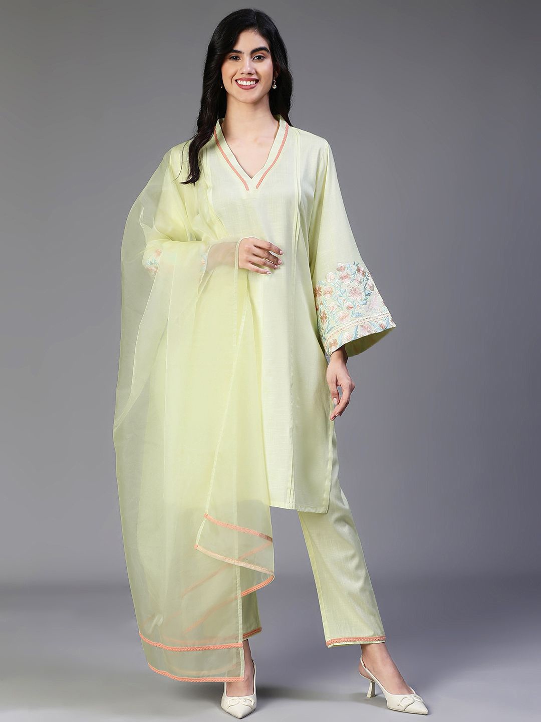 

VEGAL Floral Embroidered V-Neck Thread Work Straight Kurta With Trousers & Dupatta, Lime green
