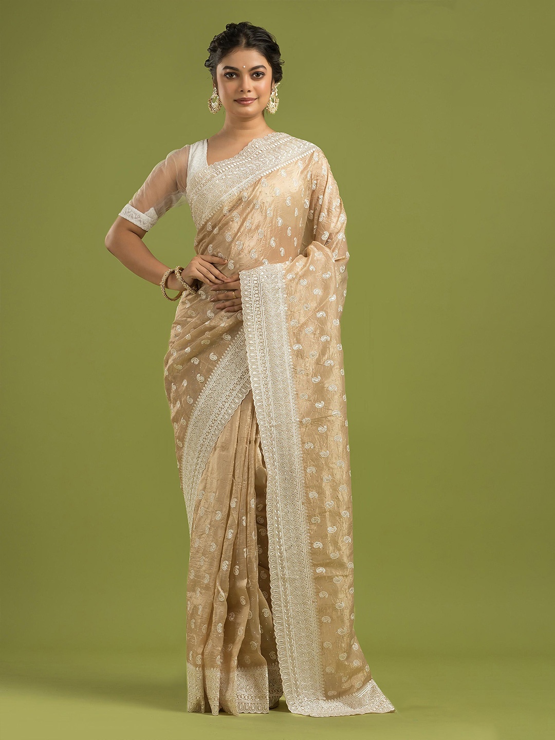 

Dheu Floral Beads and Stones Organza Saree, Beige