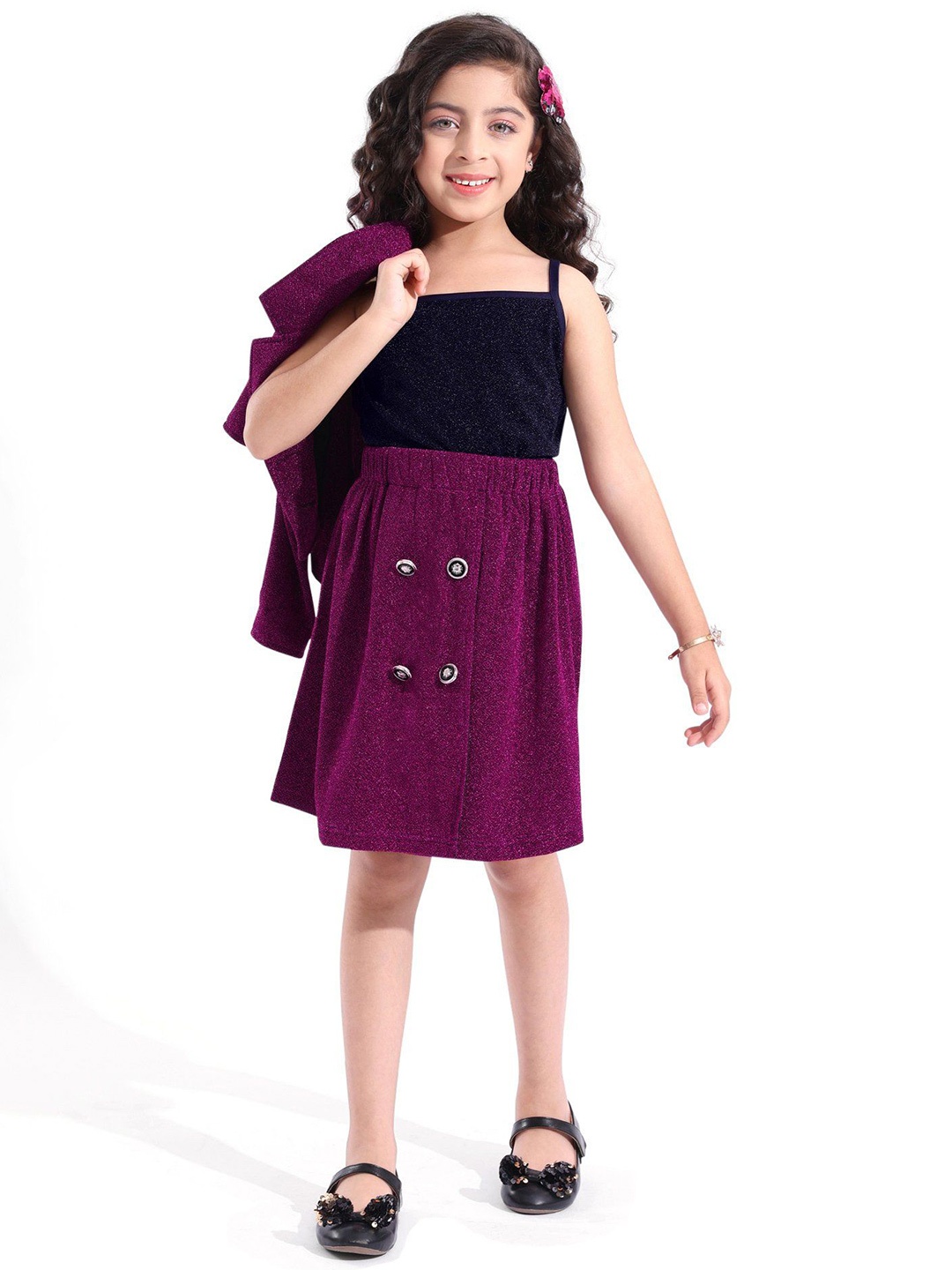 

Hola Bonita Girls Embellished Shoulder Straps Top With Skirt & Jacket, Magenta
