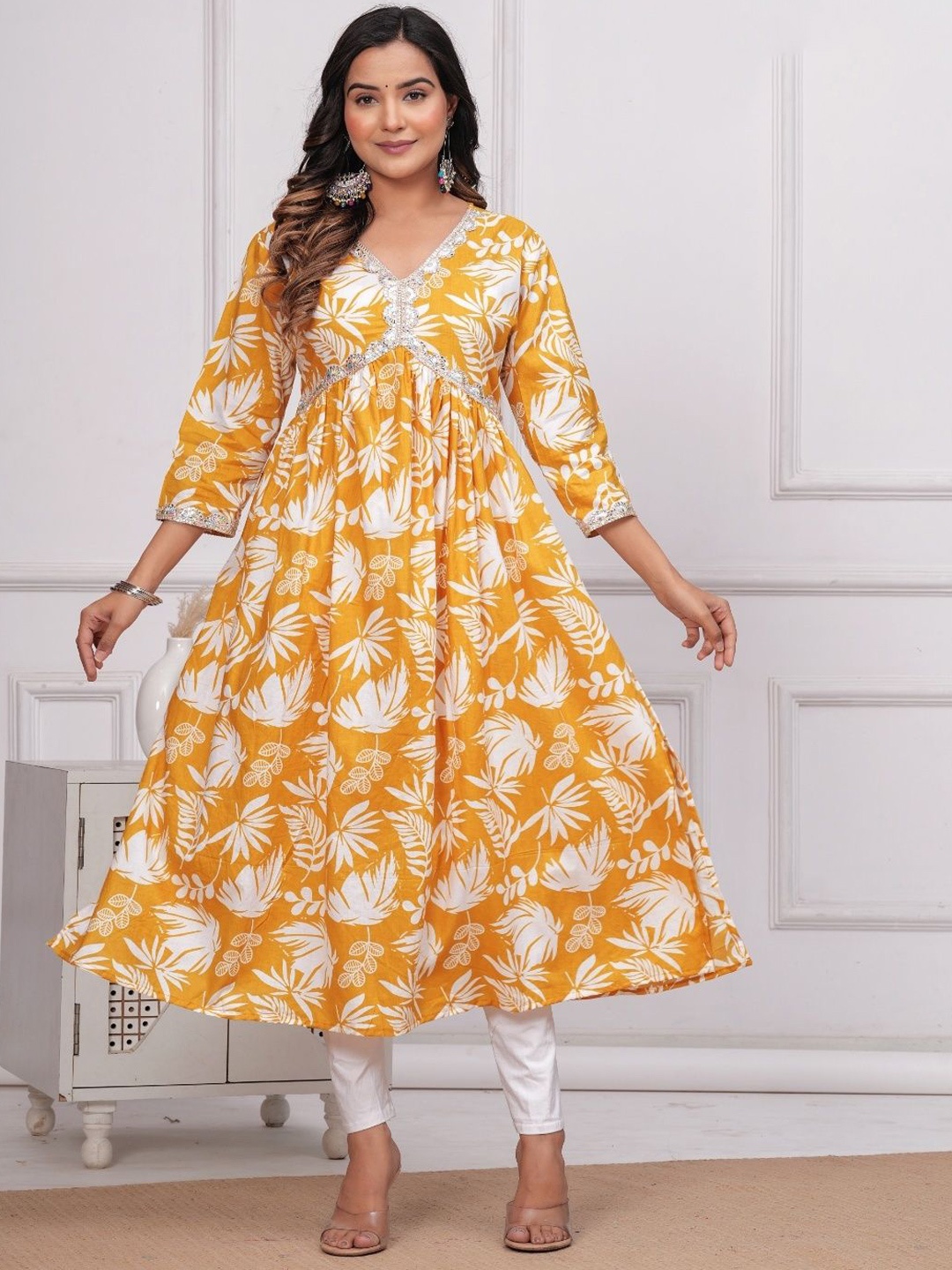 

WESTERN COTTON Women Floral Print Fit & Flare Midi Dress, Mustard