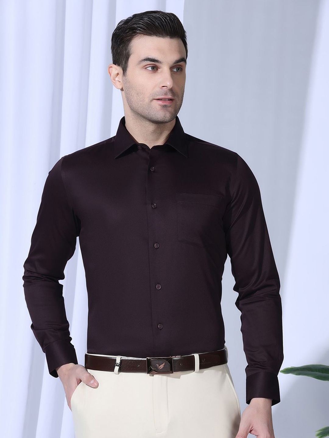 

Blackberrys Men India Slim Fit Spread Collar Solid Cotton Formal Shirt, Burgundy