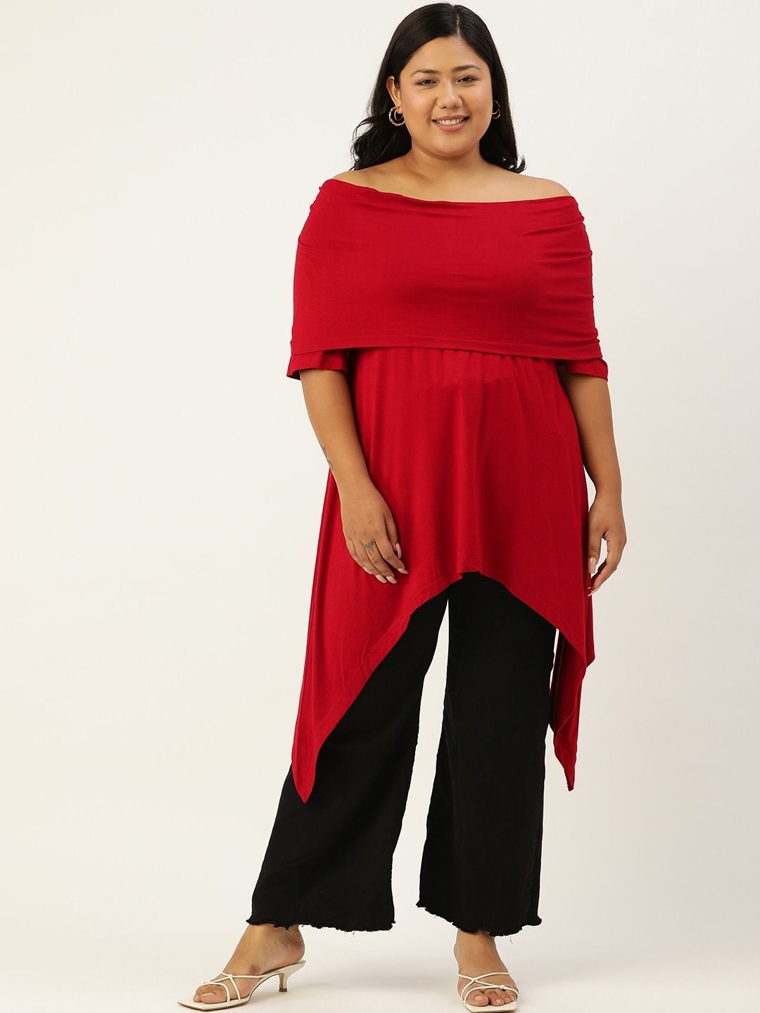 

theRebelinme Women Plus Size Off-Shoulder Longline Top, Maroon