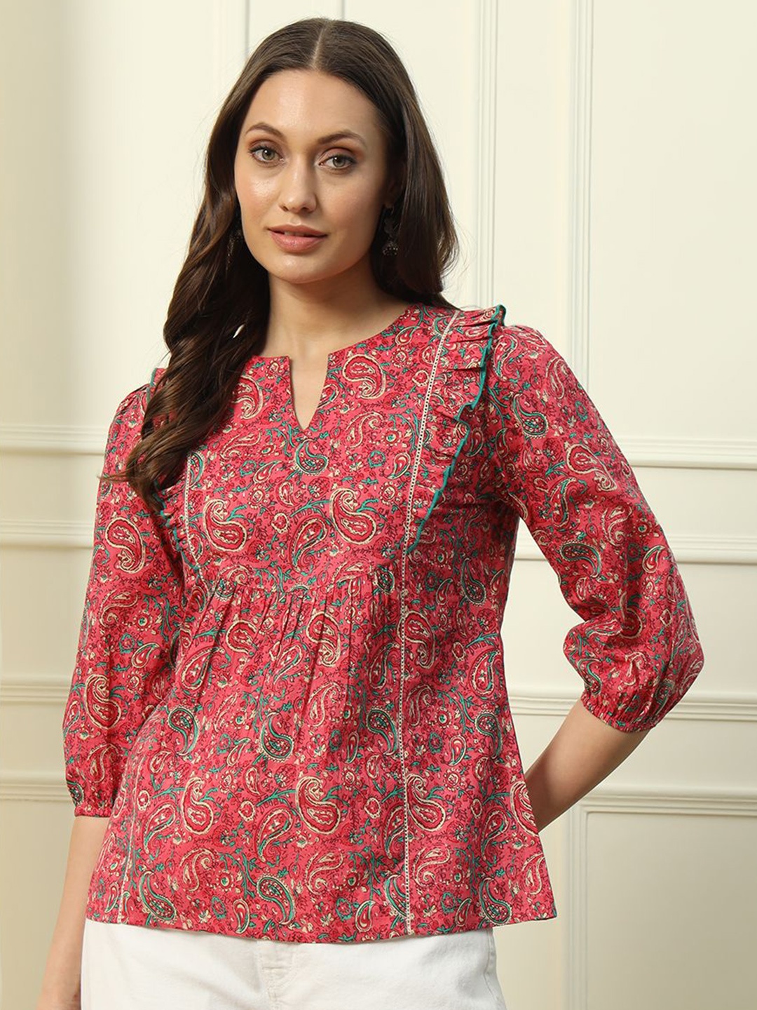 

FIORRA Floral Print Cotton Lace Top, Red