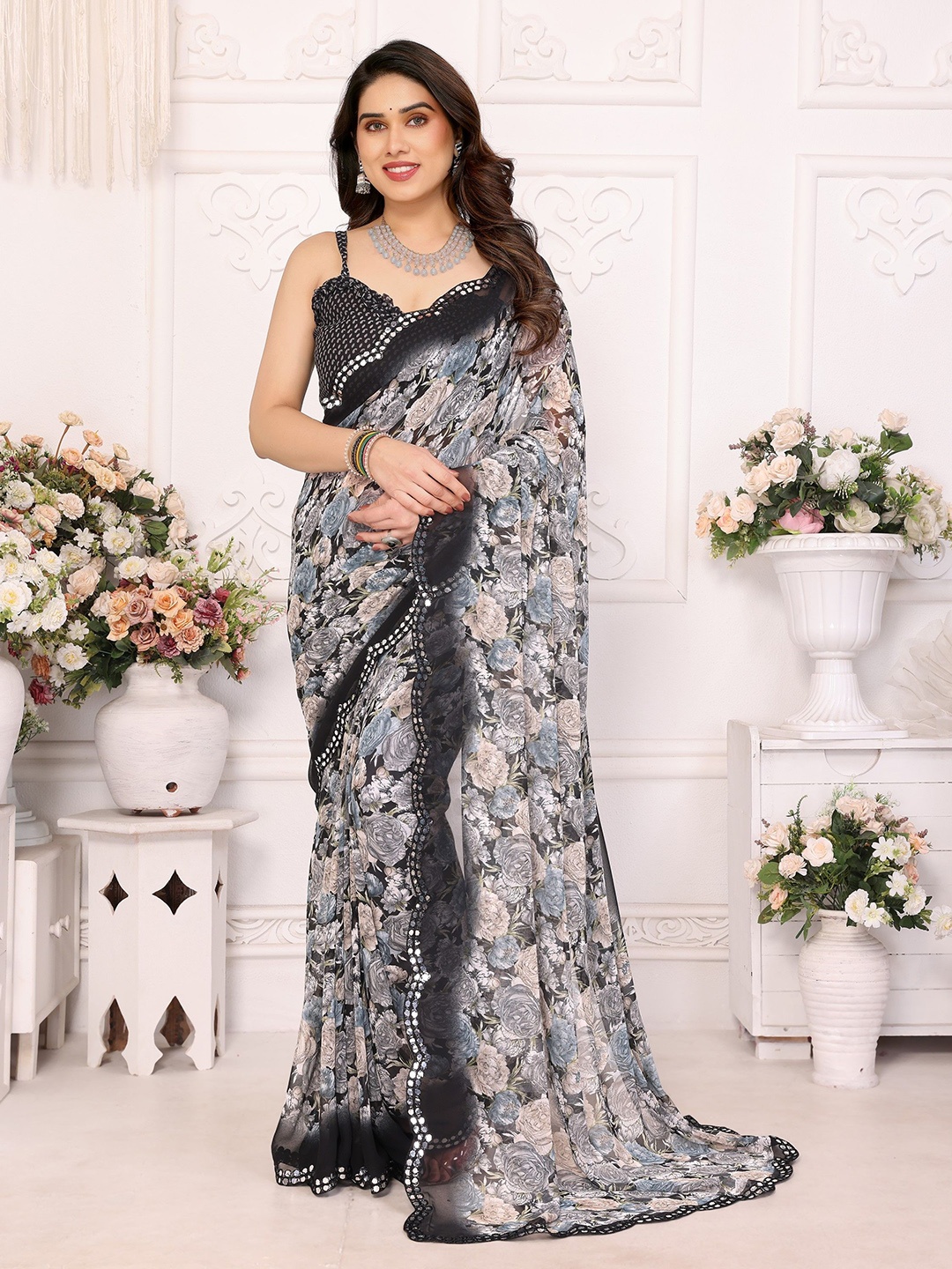 

Nirmohi Fashion Floral Printed Mirror Work Pure Georgette Saree, Black