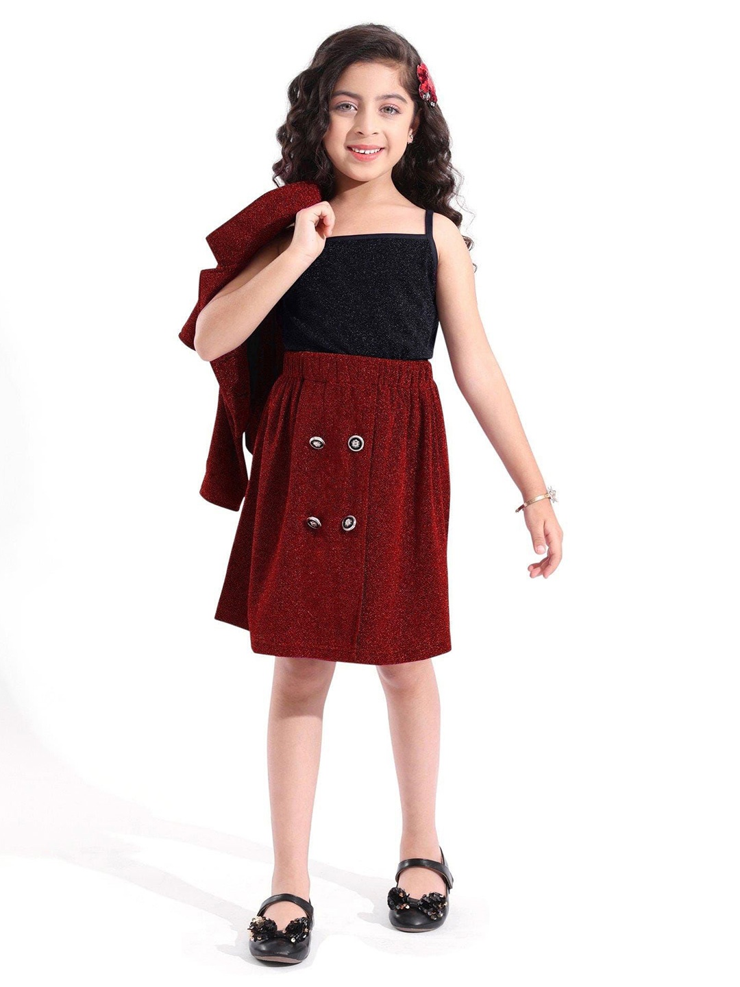 

Hola Bonita Girls Embellished Shoulder Straps Top With Skirt & Jacket, Red