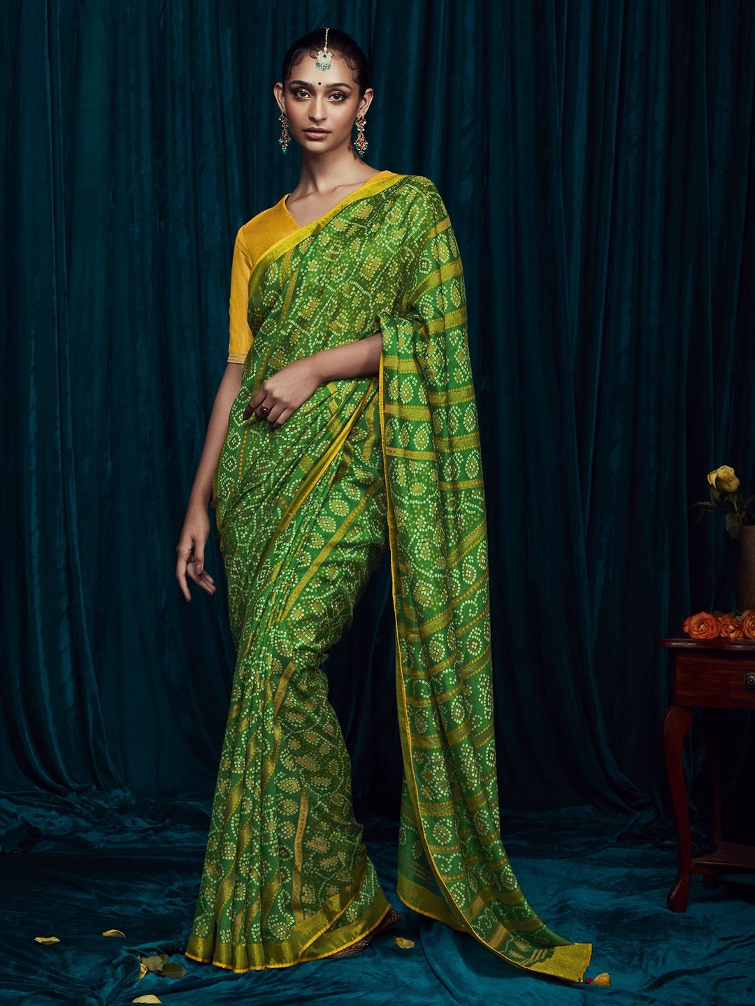 

MAHALASA Bandhani Brasso Saree, Green