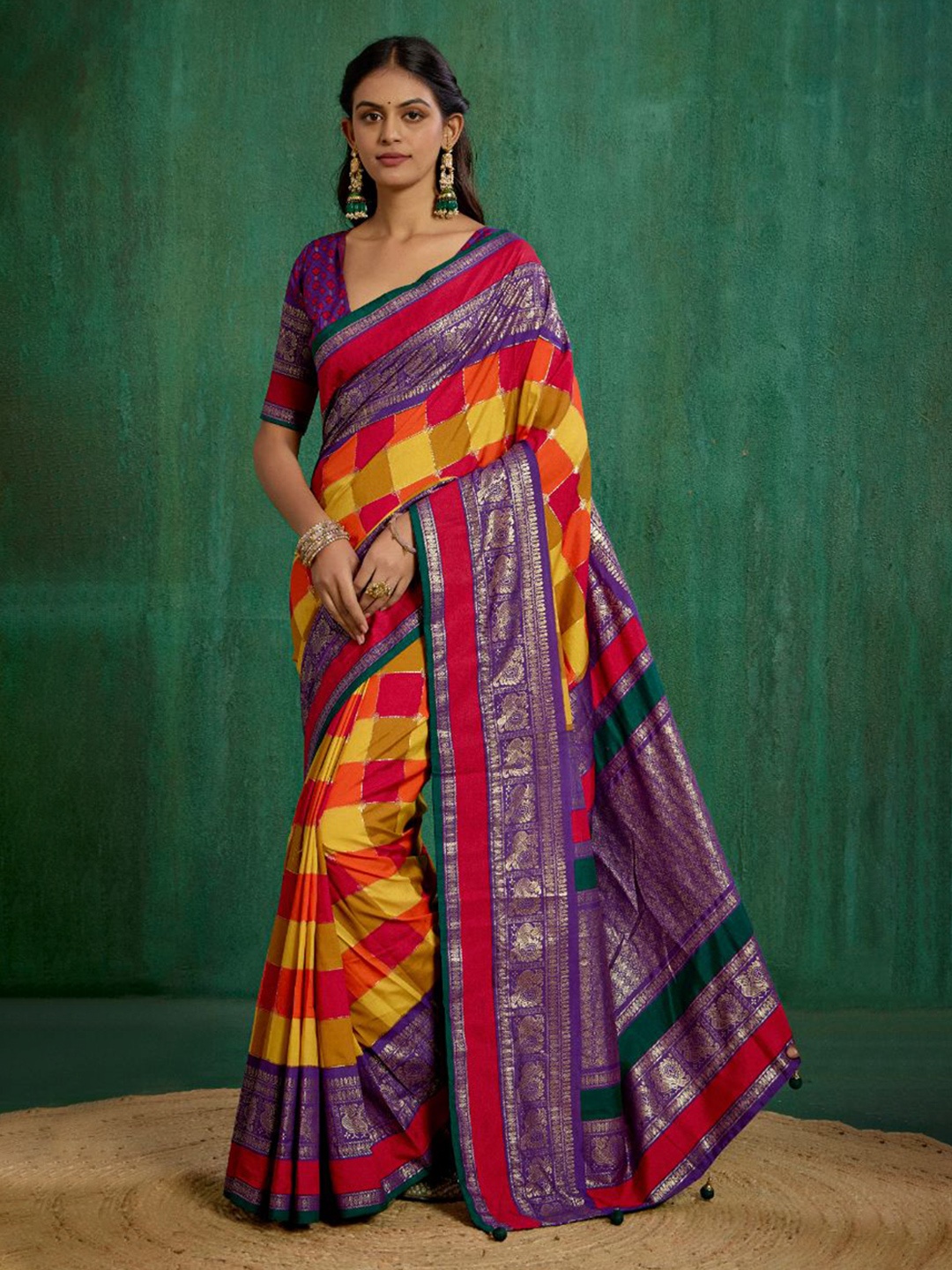 

Sangria Multi Tussar Silk Block Print Ready to Wear Saree, Red