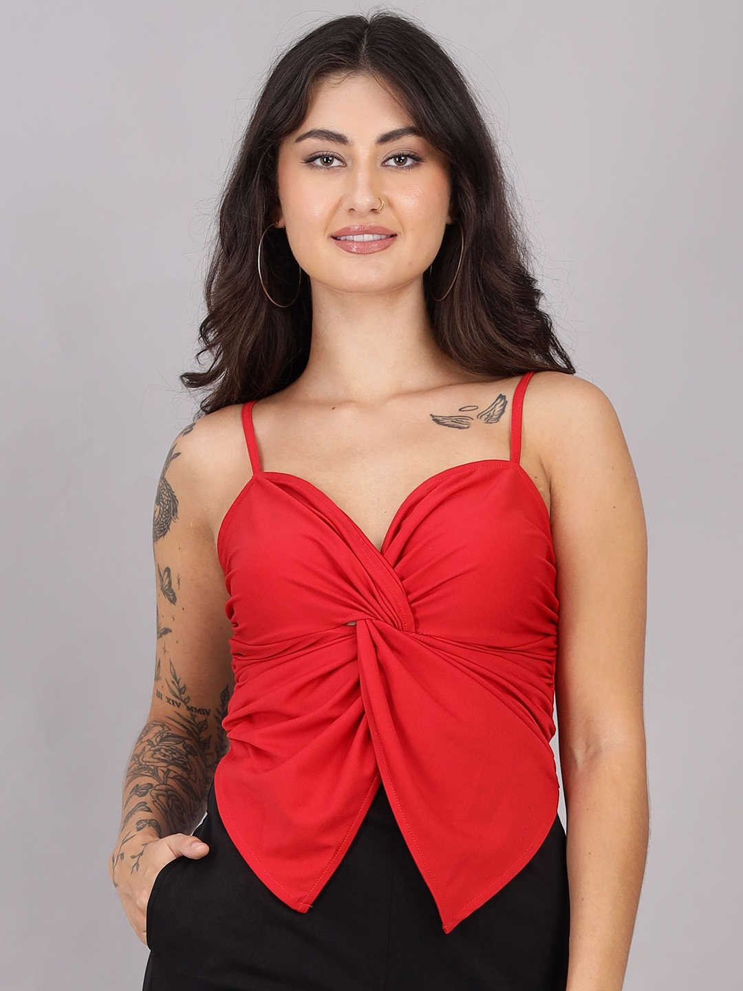 

Misverse Women Twisted Knot Ruched Fitted Crop Top, Red