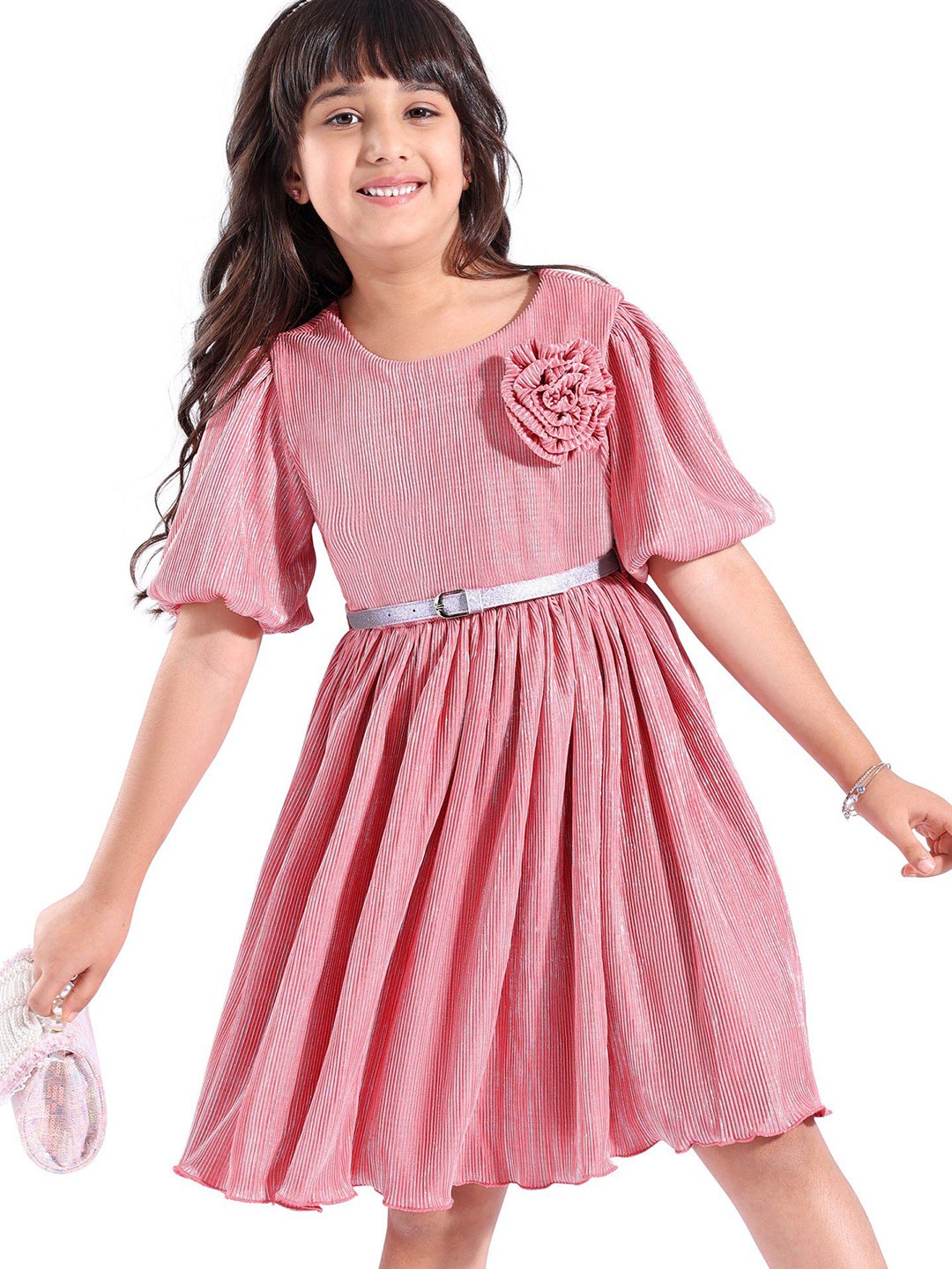 

Hola Bonita Girls Floral Applique Pleated Fit & Flare Dress with Belt, Pink