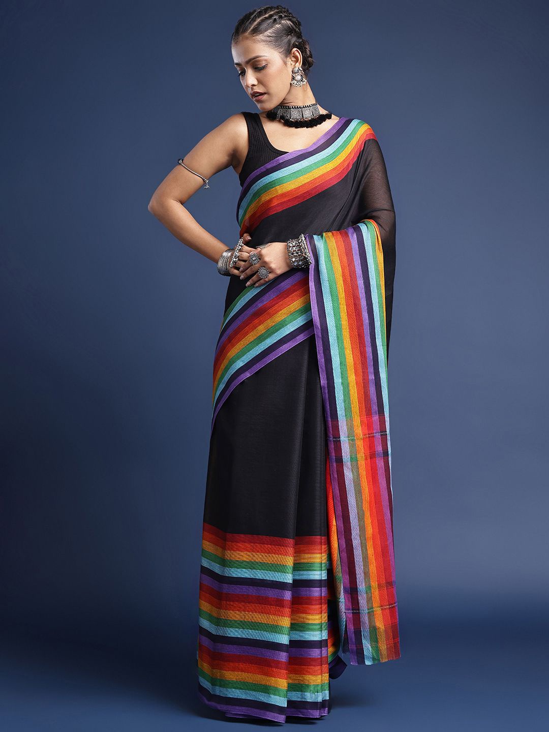 

Taavi Woven Design Striped Cotton Saree With Unstitched Blouse, Black