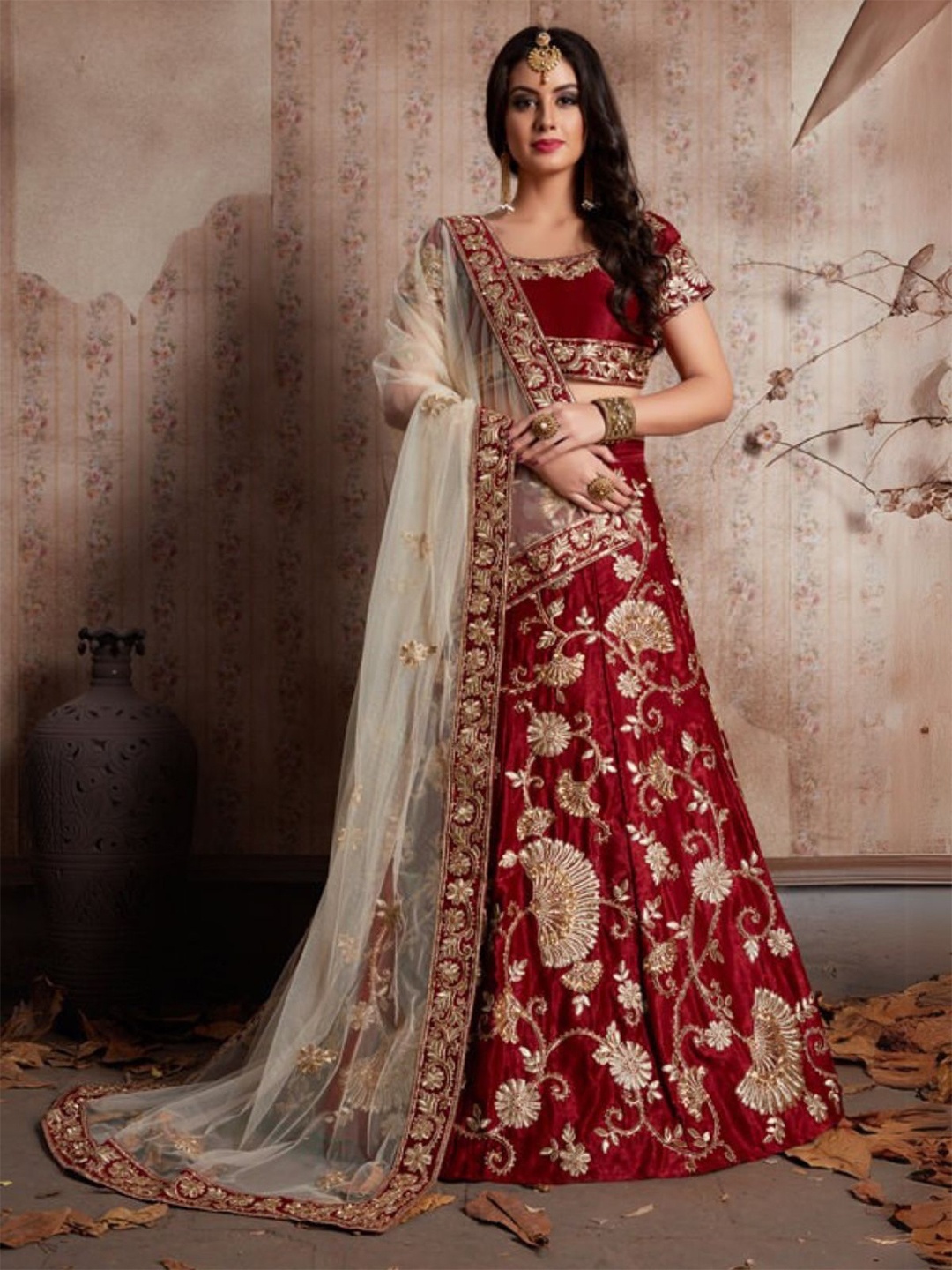 

ODETTE Embroidered Sequinned Semi-Stitched Lehenga & Unstitched Blouse With Dupatta, Maroon