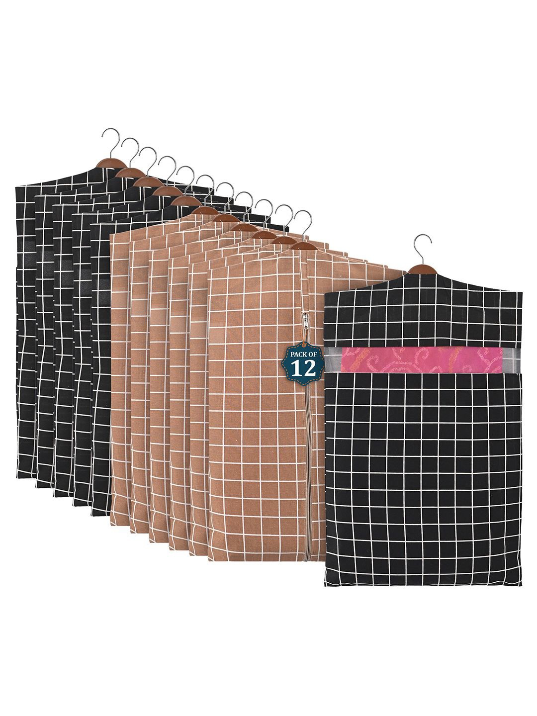 

Kuber Industries Brown Set of 12 Cotton Hanging Saree Cover Multi-Utility Organisers