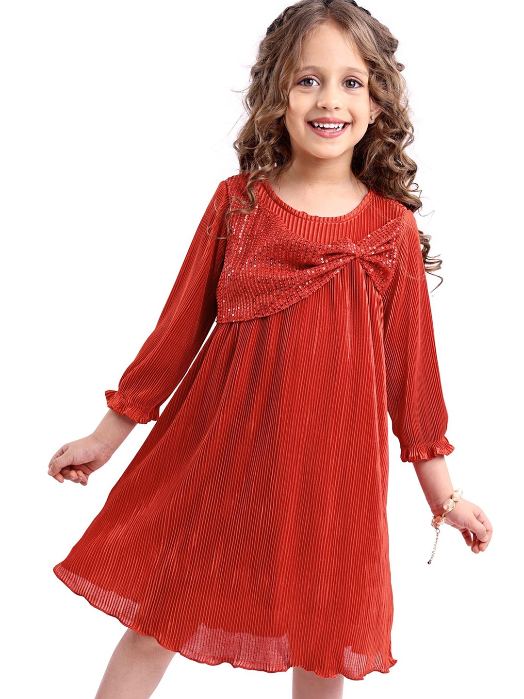 

Hola Bonita Girls Puff Sleeves A-Line Dress, Red