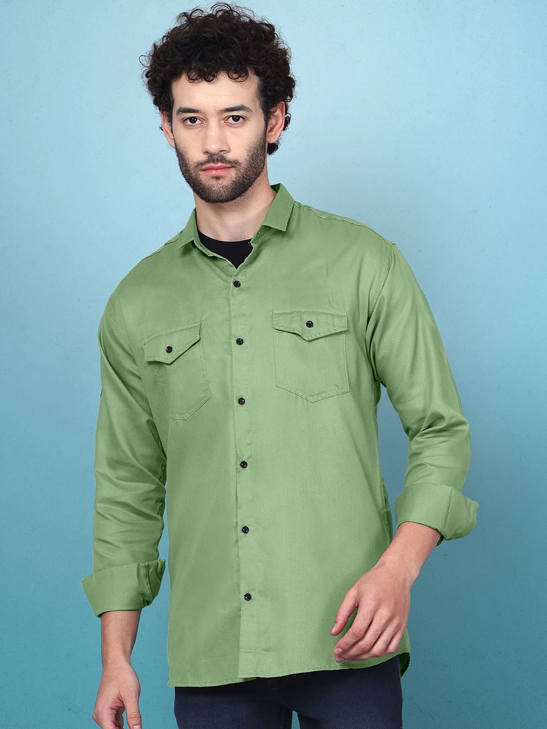 

WOXEN Men Original Fit Spread Collar Solid Cotton Casual Shirt, Green