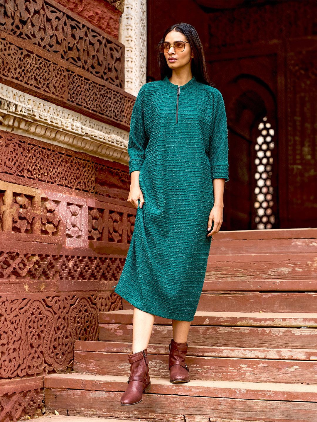 

Dash and Dot Textured Knit Midi Dress, Green