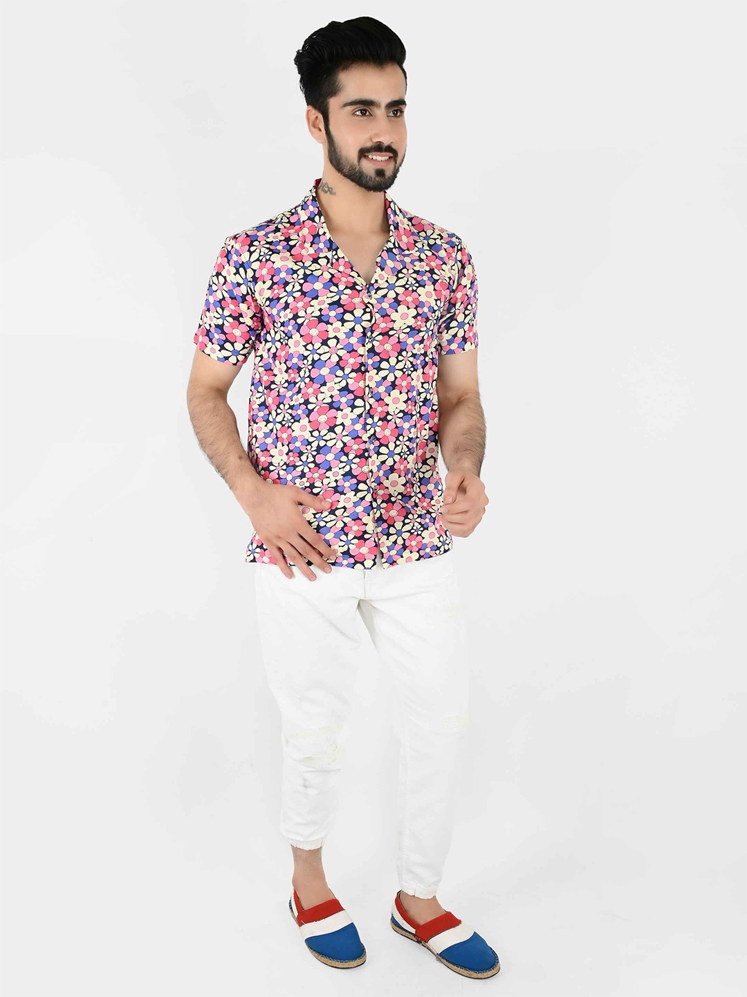

Blissence Men Comfort Fit Cuban Collar Floral Printed Cotton Casual Shirt, White